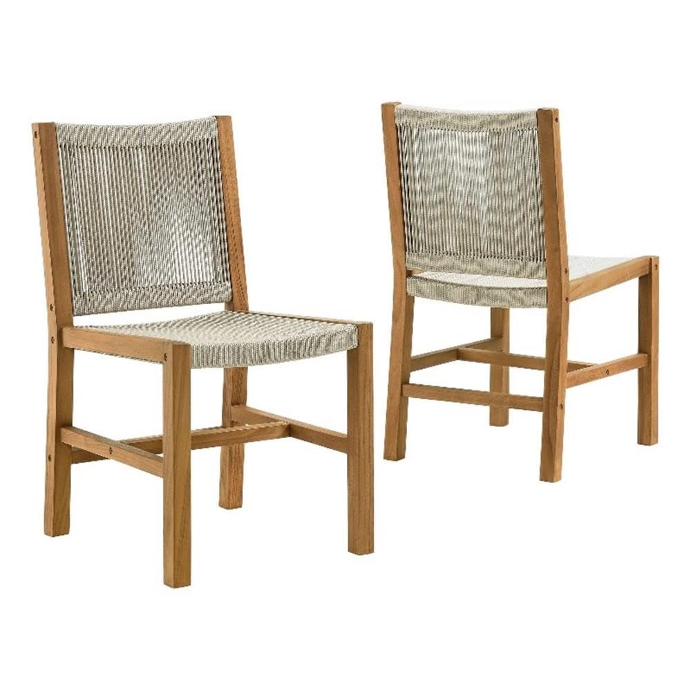 Modway Vienna Outdoor Patio Teak and Rope Armless Dining Chair Set of 2 in Natural Natural – Woven Rope Side Chairs – Teak Outdoor Dining Chairs – Weather-Resistant Deck Chairs Modway
