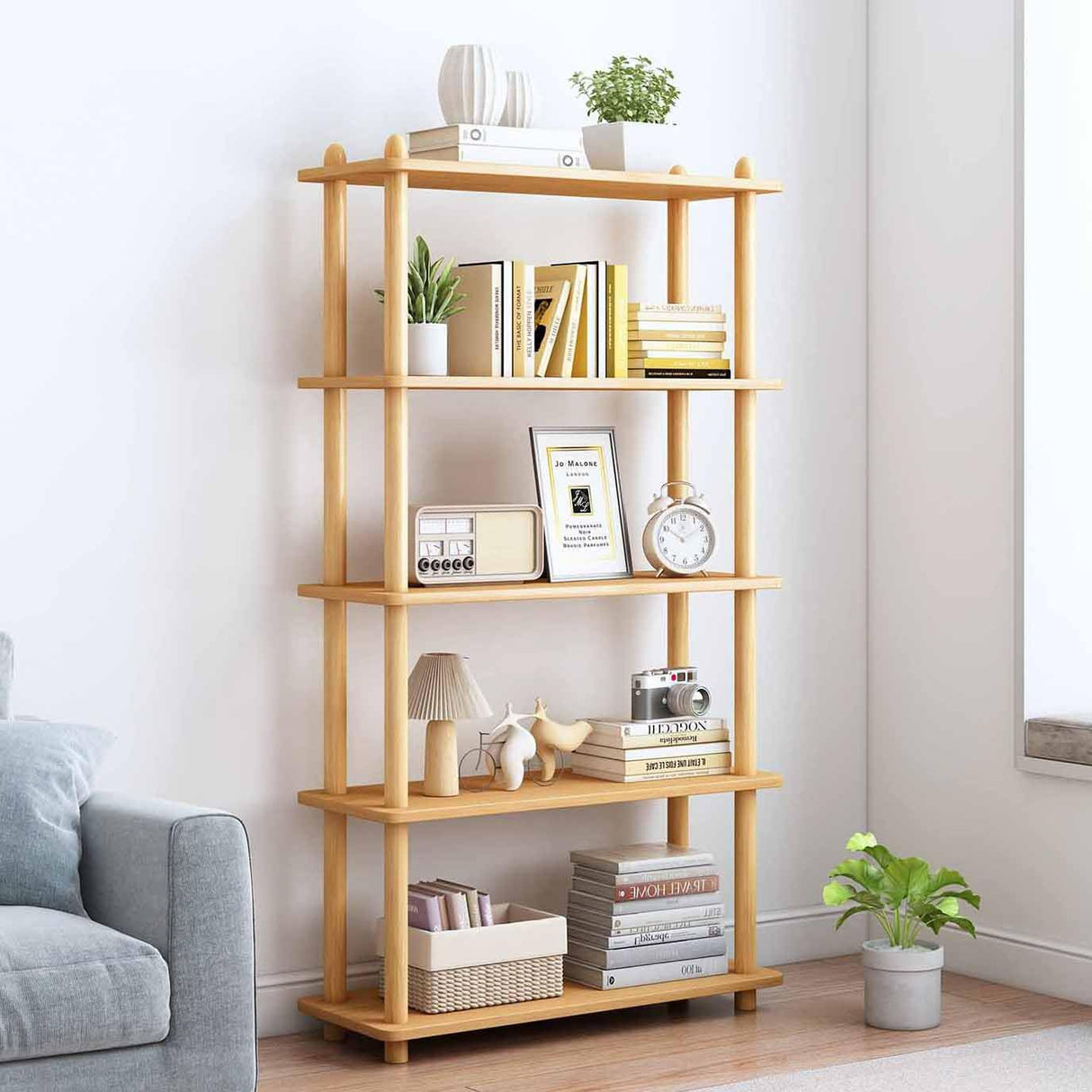 IOTXY 5-Tier Wooden Shelf Bookcase - Modern Open Bookshelf, Free Standing Storage Rack, Multifunctional Display Stand for Home and Office, Oak, Rectangle IOTXY