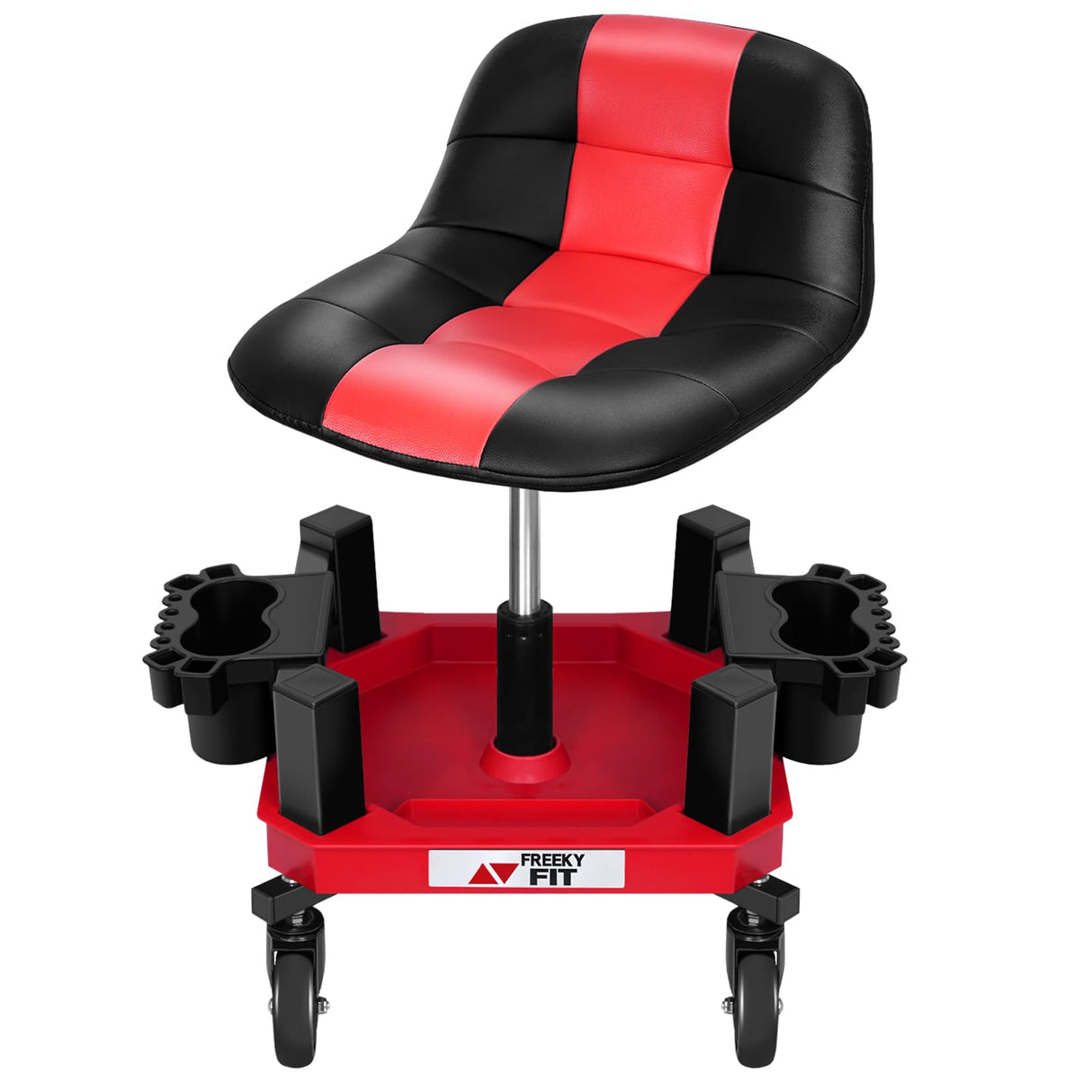 FreekyFit Rolling Shop Stool with Wheels, Adjustable Garage Mechanic Stool Seat Shop Roller Work Chair Mobile Rolling Seat with Tool Tray, 2 Cup Holders, 4" Casters, 350 LBS, Heavy-Duty, Red FreekyFit