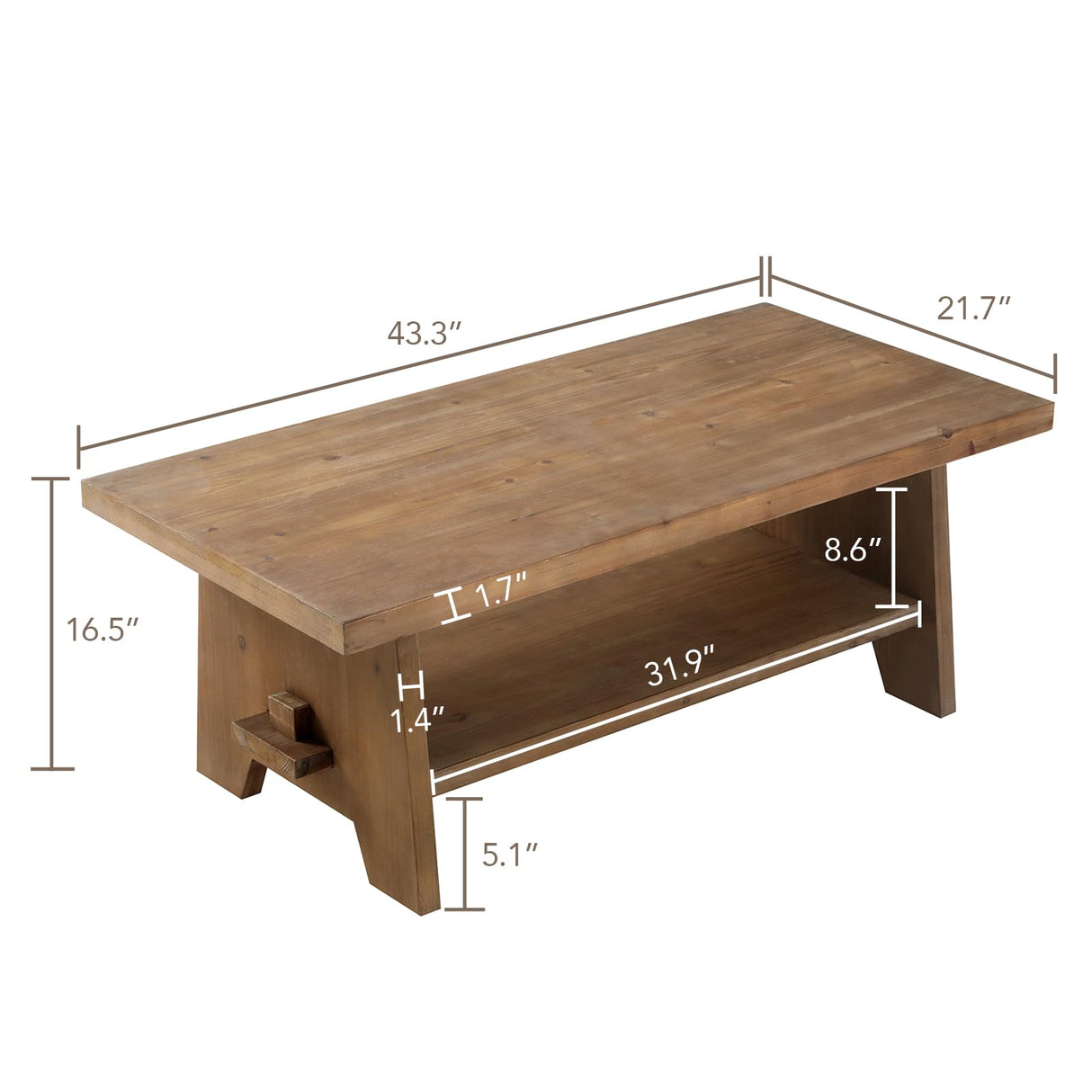 Farmhouse Wood Coffee Table - 43.4” Mid Century Modern Wooden Coffee Tables for Living Room, Solid Firwood Tabletop Rectangle Coffee Table, Center Table for Living Room, Brown HOKYHOKY