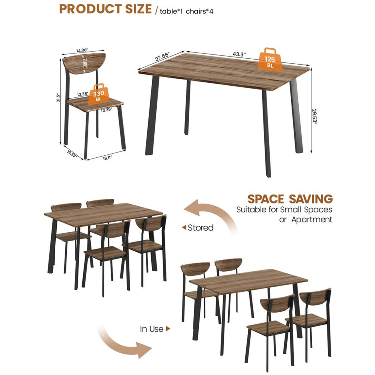 Lamerge Kitchen Dining Table Set for 4, Modern Rectangular 5 Piece Dining Room Table and Chairs Set, Brown Wooden Metal Table Set for Family Dinner, Party, Afternoon Tea and Work (Curved Moon) Lamerge