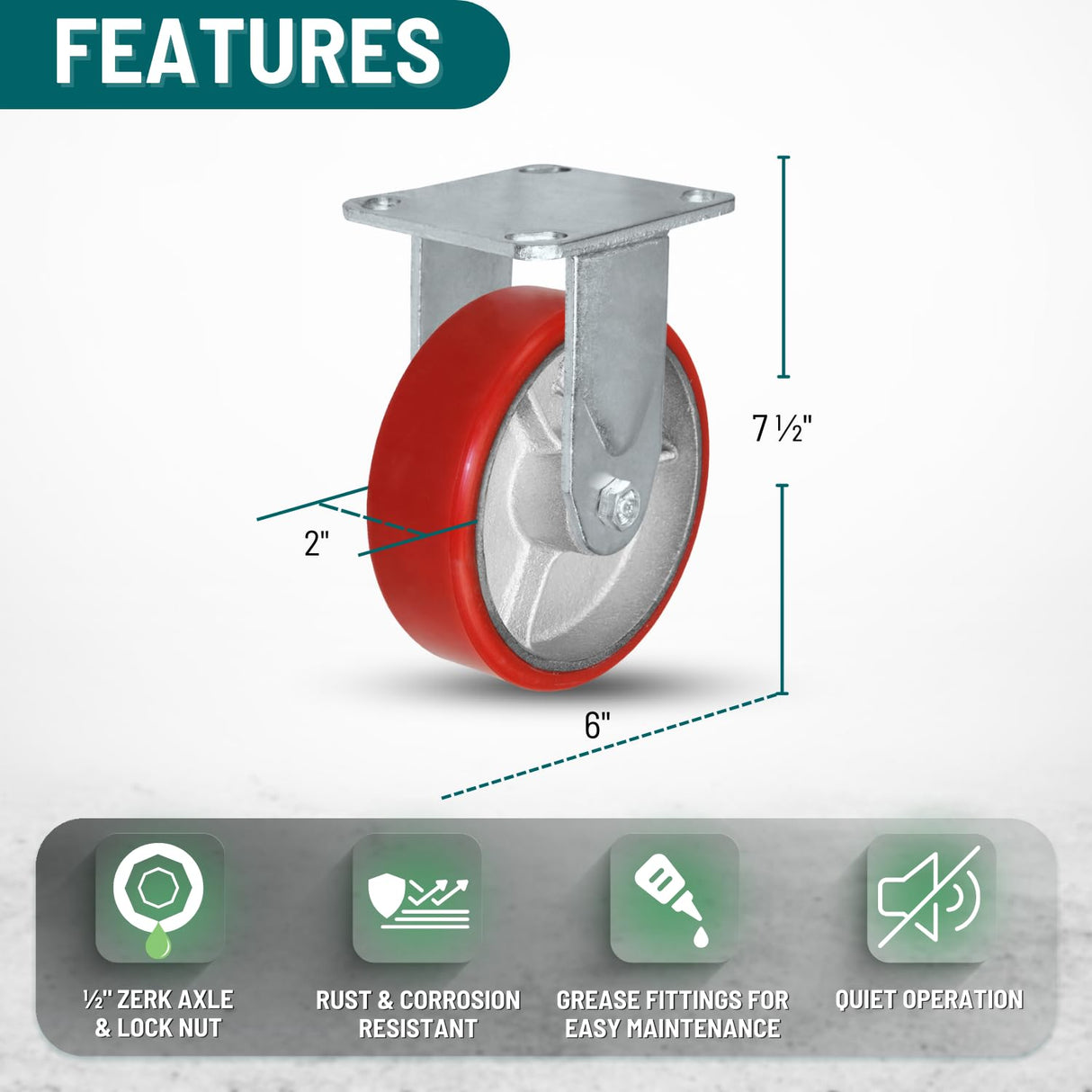 6 Inch Rigid Fixed Caster - 6 X 2 Polyurethane on Iron Wheel - 1200 Lb Weight Capacity - Great for Tool Box Replacements or Heavy Equipment - Easy Push - CasterHQ Brand CasterHQ