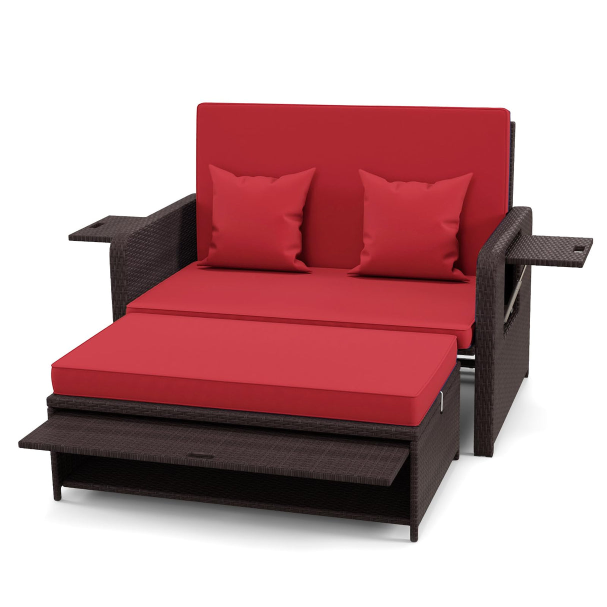 LDAILY Moccha Outdoor Daybed, Wicker Loveseat Sofa Set with 4-Postion Adjustable Backrest, Storage Ottoman, Cushions, Rattan Double Bed Lounger, Patio Furniture Set (Red) LDAILY