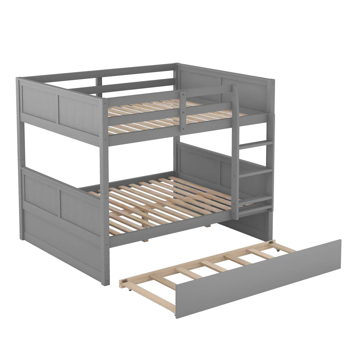 Merax Full Over Full Bunk Bed with Trundle,Wooden Trundle Bed Frame with Ladder Safety Guardrail,Convertible to 2 Platform Beds for Kids Teens,Gray Merax
