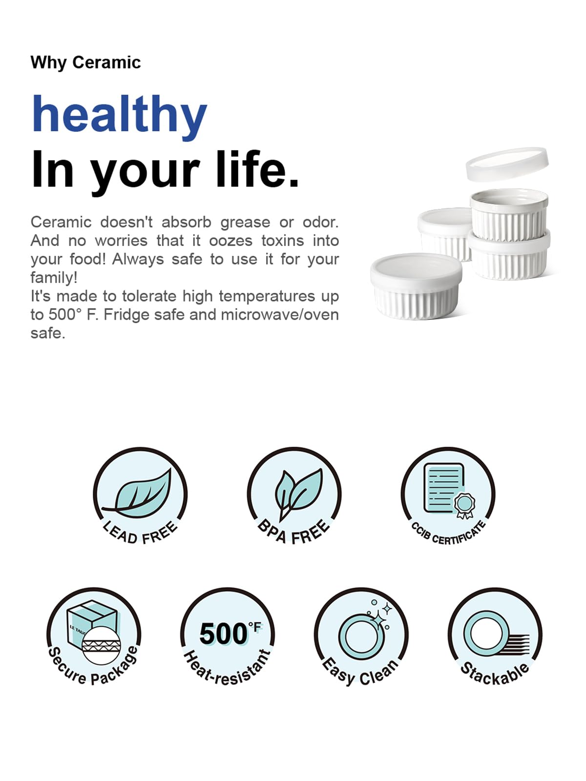 LE TAUCI Ramekins with Lids, 8 OZ Ramekins Oven Safe, Creme Brulee Ramekin Bowls, Ceramic Souffle Dishes with Covers, Custard Cups for Baking, Pudding, Serving Dip, Ice Cream, Set of 4, White LE TAUCI