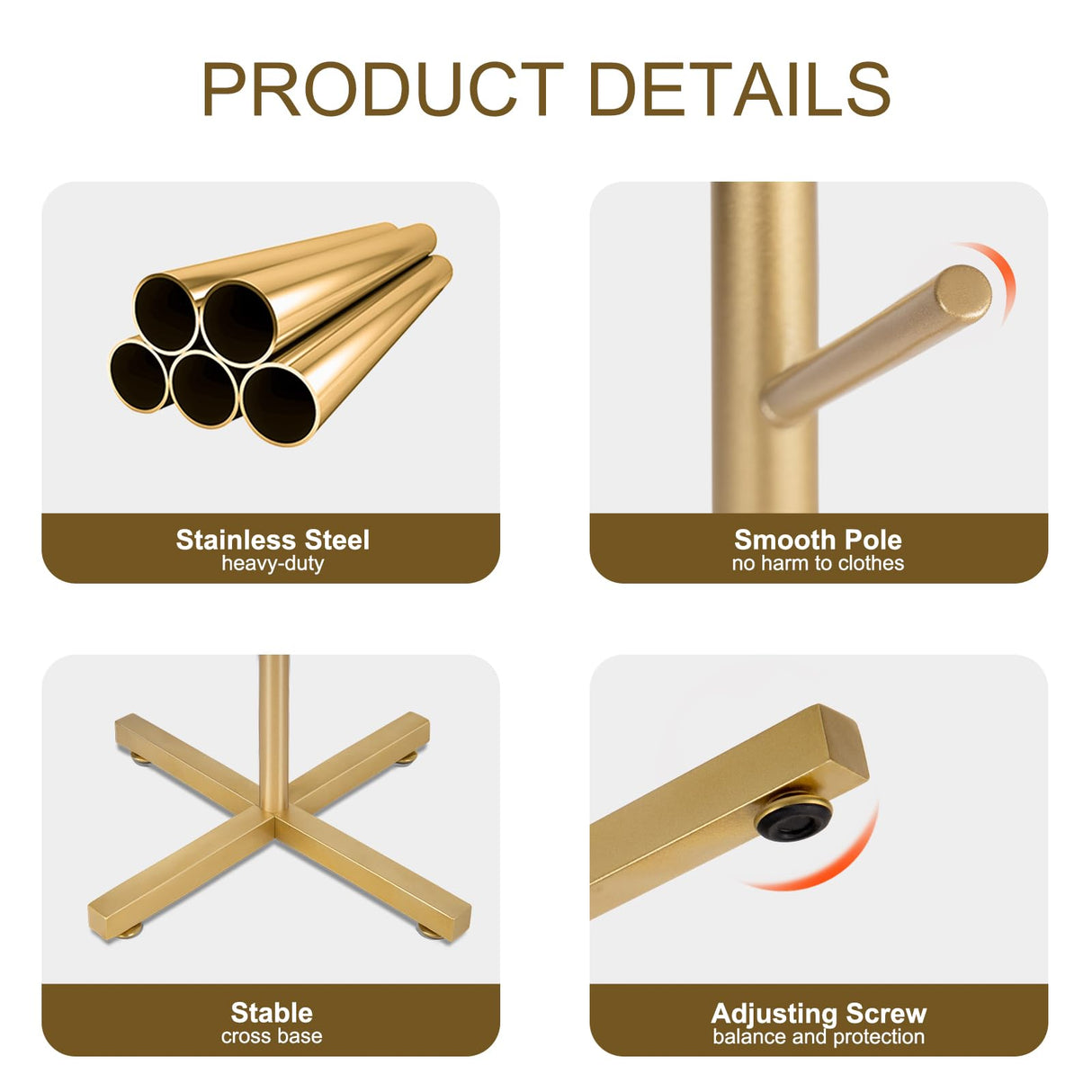 ZOZOE Metal Coat Rack Stand, Modern Coat Rack Freestanding with 8 Hooks, Coat Racks Easy to Assemble, Coat Tree Stand for Bags, Hats, Entryway, Office (Golden) ZOZOE