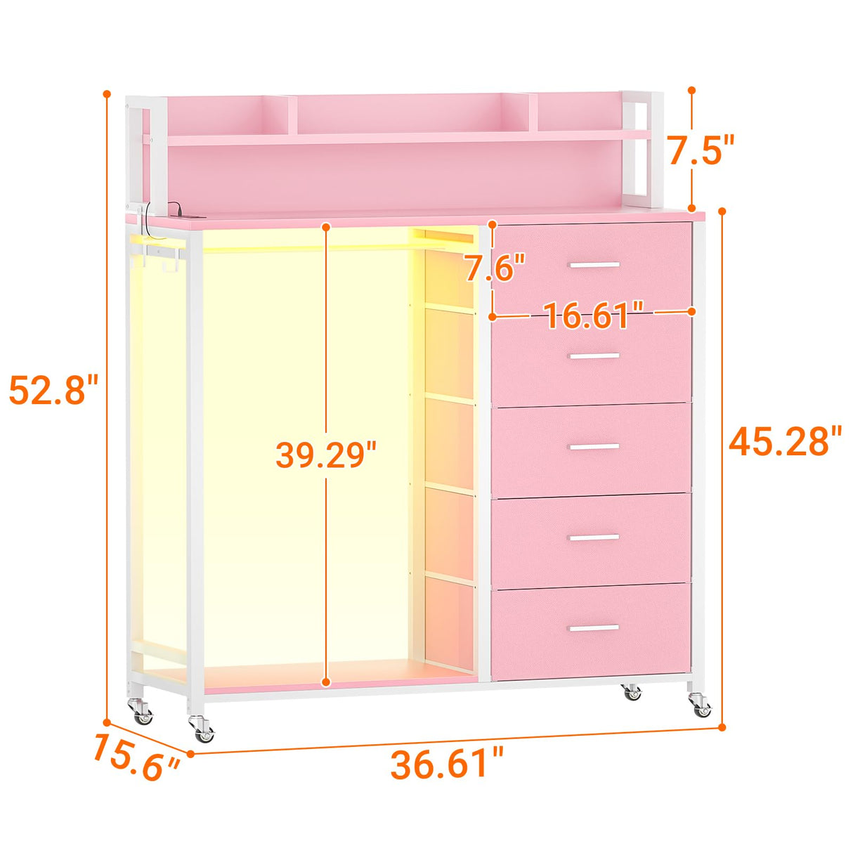 Cyclysio Dresser for Bedroom with Clothes Rack & Shelves, Pink 5 Drawers Dresser with Charging Station & LED Lights, Chest of Drawers with Lockable Wheels, Storage Shelves, Bedroom, Closet,Entryway Cyclysio