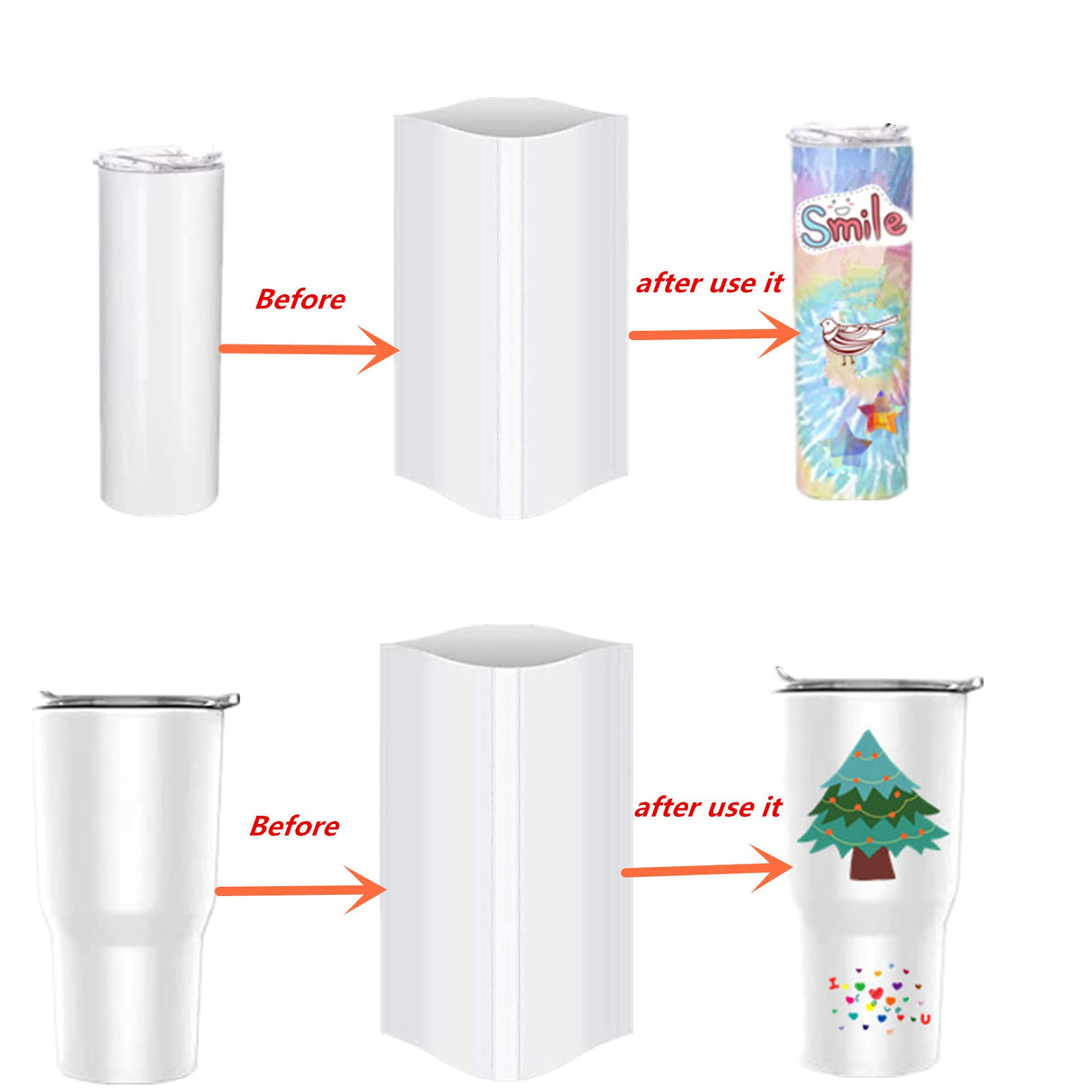 80 Pieces Sublimation Shrink Wrap Sleeves Heat Transfer Shrink Wraps White Shrink Wrap Tube Bands Blank Sublimation Sleeves for Mugs Cups Tumblers, 2 Different Sizes, 5 x 10 Inch, 7 x 11.4 Inch alblinsy