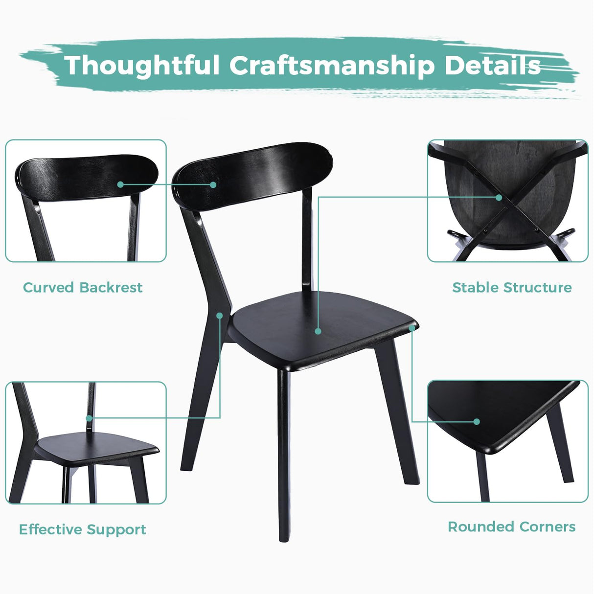 MORDEER Solid Wood Dining Chairs Set of 6, Wooden Dining Room Chairs for Whole Family Use, Farmhouse Kitchen Chairs Set Suitable for Dining Room, Living Room, Stackable Dining Chairs, Black MORDEER