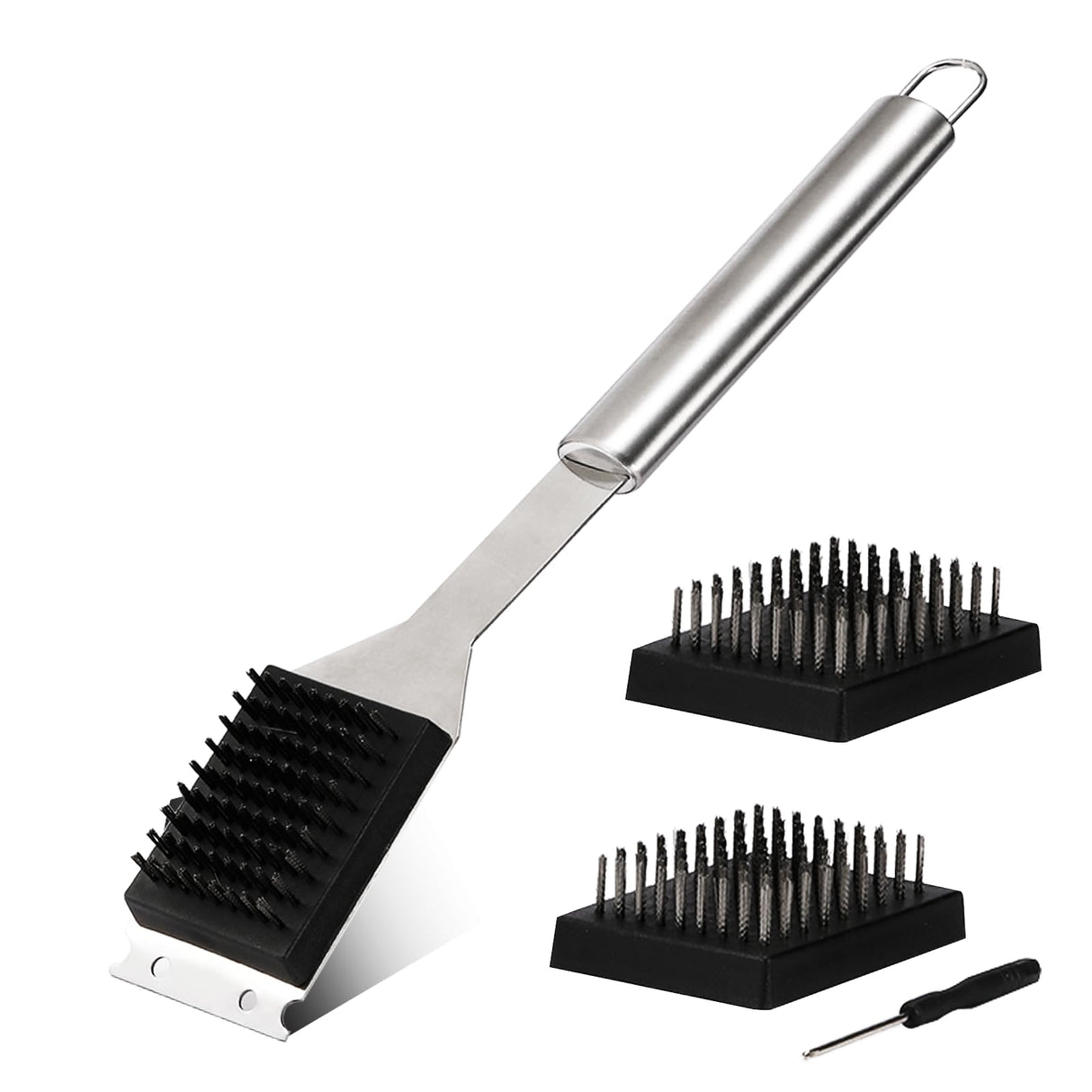 16.5” Grill Brush and Scraper with 2 Brush Replacements & 1 Screwdriver, Wire BBQ Grill Brush for Outdoor Grill, 304 Stainless Steel Cleaning Brush BBQ Grill Accessories Zxmissu
