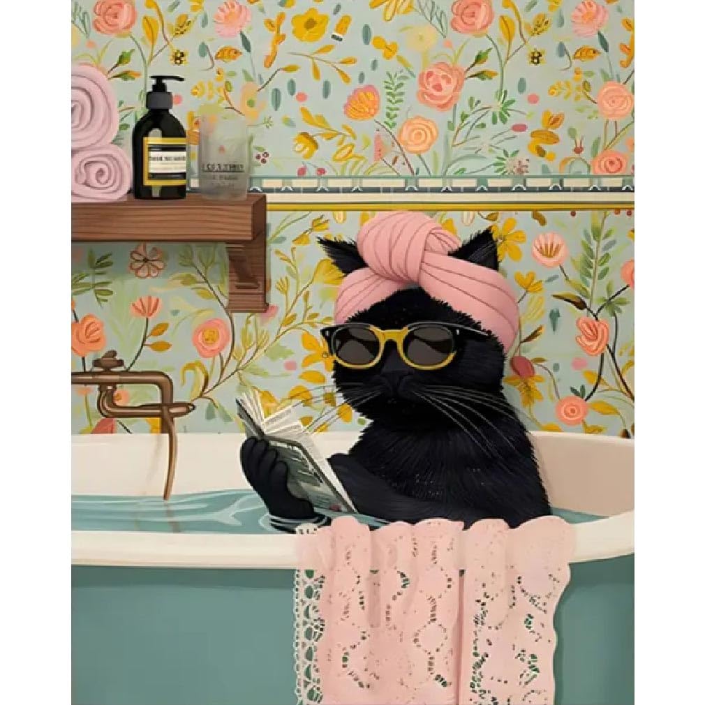 Black Cat Adult Paint by Number,Funny Bathing Cat Adults' Paint-by-Number Kits,DIY Acrylic Paint Kit for Adults Beginners Unframed,Easy Paint by Numbers Canvas for Decor 16x20inch Canrichshop