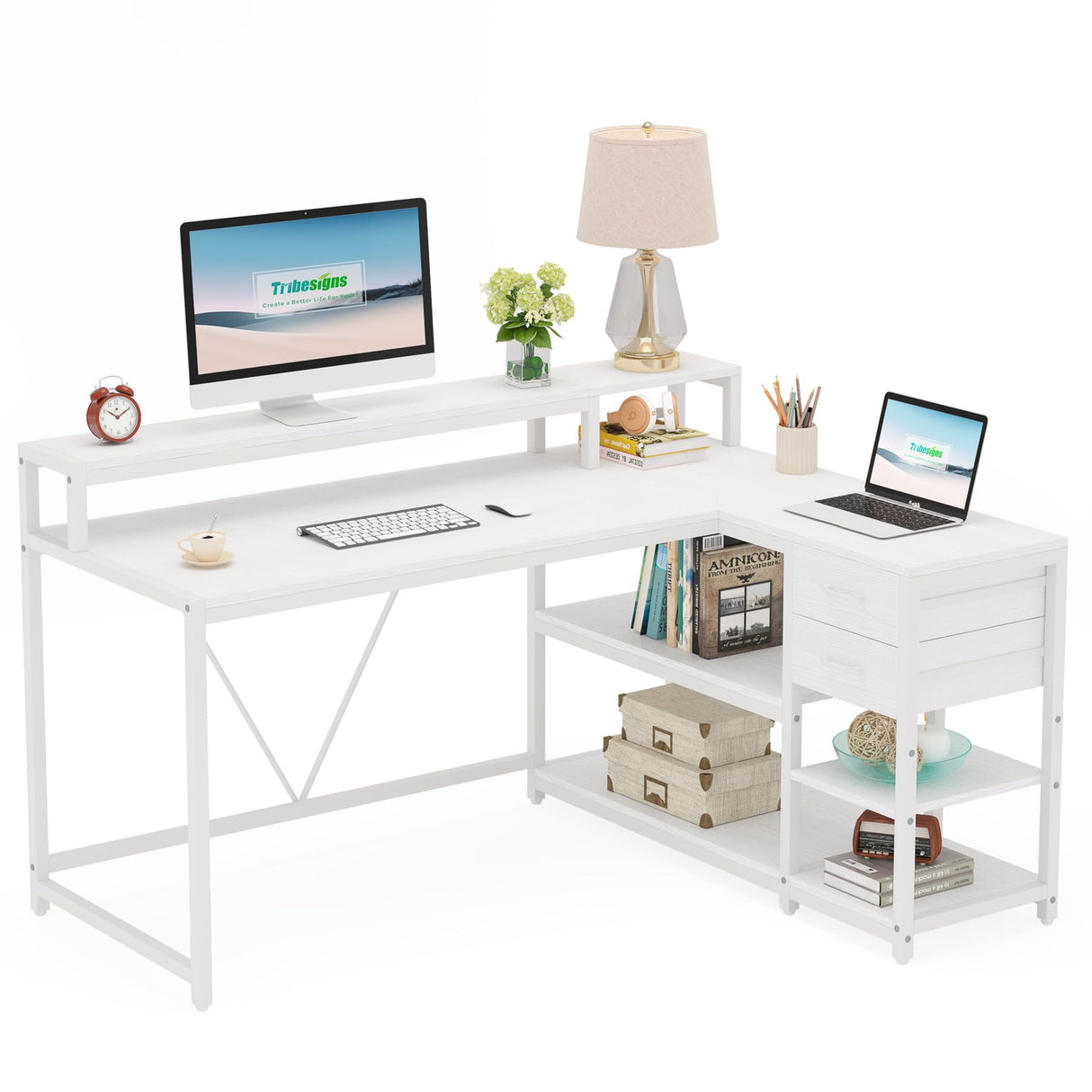 Tribesigns 55-Inch Modern White Reversible L-Shaped Desk with Storage Shelves and Drawers Tribesigns