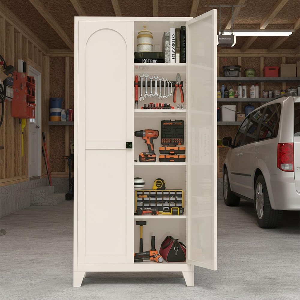 71" Metal Storage Cabinet with Keyless 3-Digit Combination Lock, Adjustable Shelves, Reinforced Steel Body, Magnetic Doors, for Office/Warehouse/Garage(Beige) WoodArtSupply