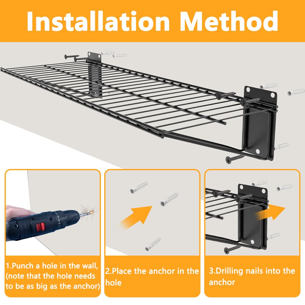 BELLO YON Wall Shelf 24'' x 11'' Garage Wall Mounted Storage Shelves, Heavy Duty Metal Wire Wall Shelving Storage Rack for Garage, Office, Basement, Max Load 90lb,Black, 2-Pack BELLO YON