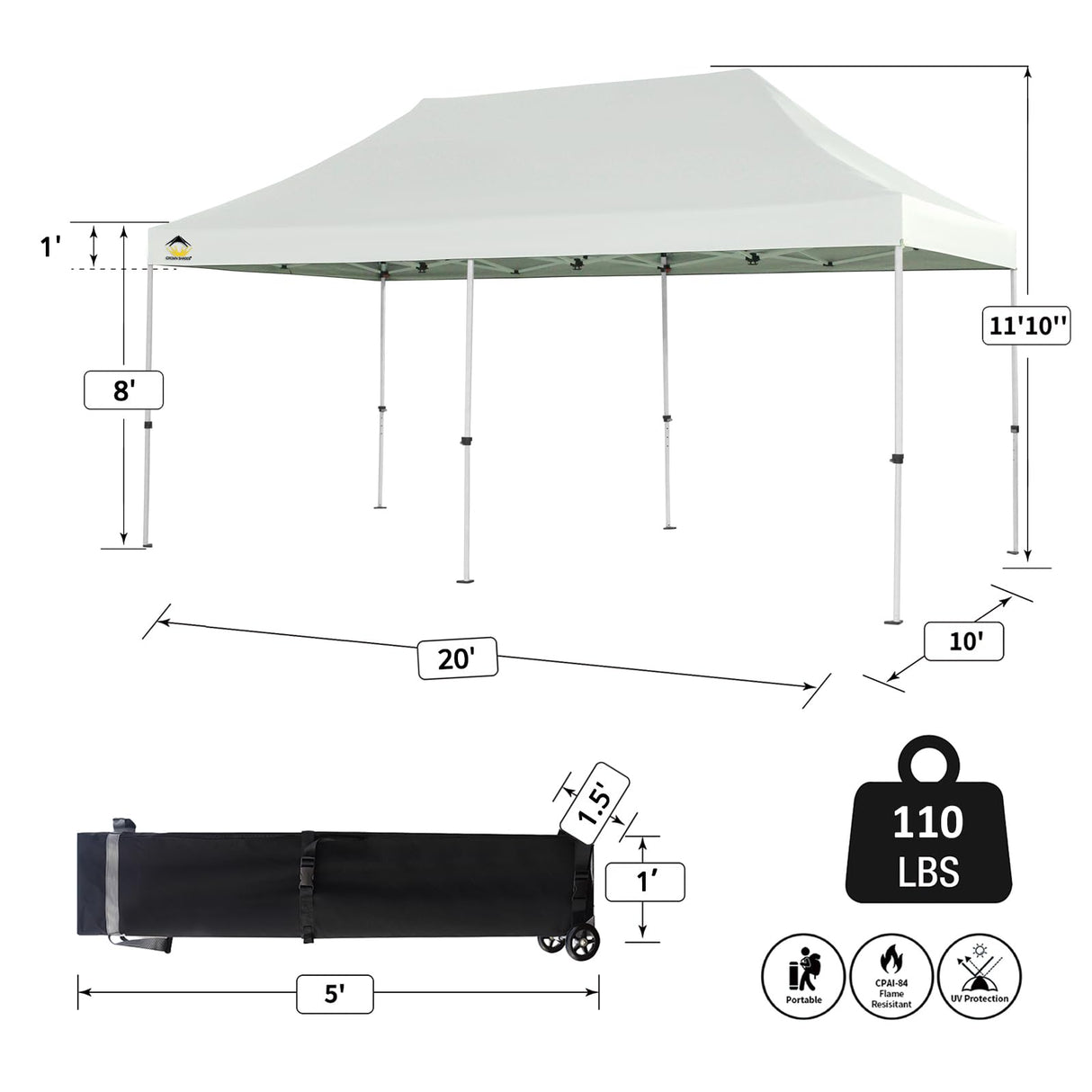 CROWN SHADES 10x20 Pop Up Canopy Tent - Commercial Canopy Tent with 400D Strength Oxford Fabric,Hexagonal Leg,4 Upgraded Weights - Great for Trade Shows,Events,Parties & Commercial Use, White CROWN SHADES