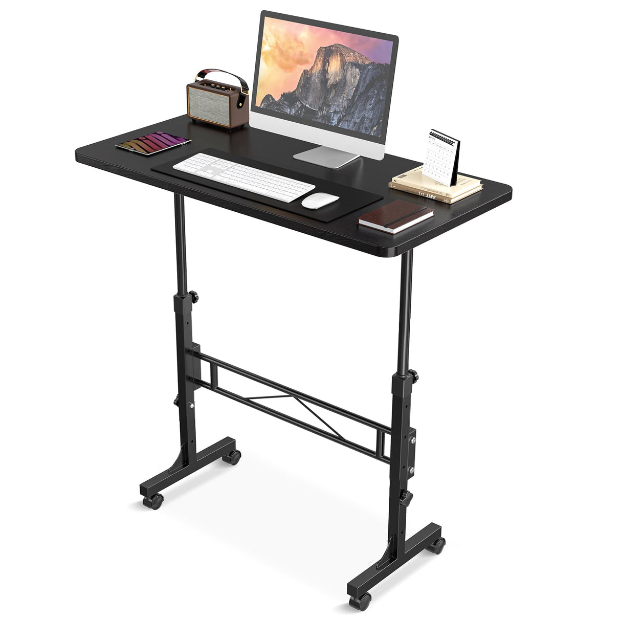 Small Standing Desk Adjustable Height, Mobile Stand Up Desk with Wheels, 32 Inch Portable Rolling Desk Small Computer Desk, Portable Laptop Desk Standing Table Black Amztabler