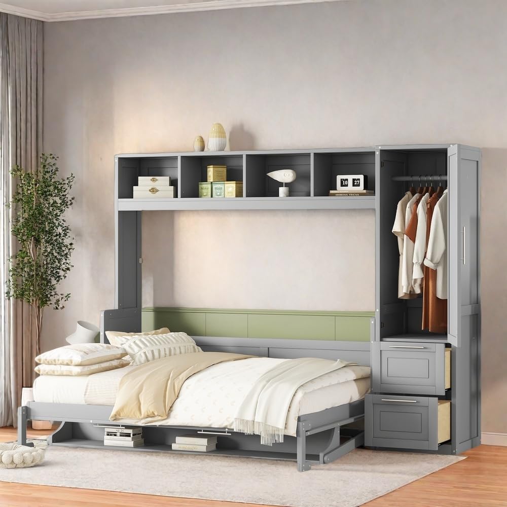 SOFTSEA Queen Size Horizontal Murphy Bed, Queen Murphy Bed with Desk Wardrobe Storage Shelf, Queen Hideaway Wall Bed with Drawers Space-Saving for Guest Room Bedroom or Office, Gray SOFTSEA