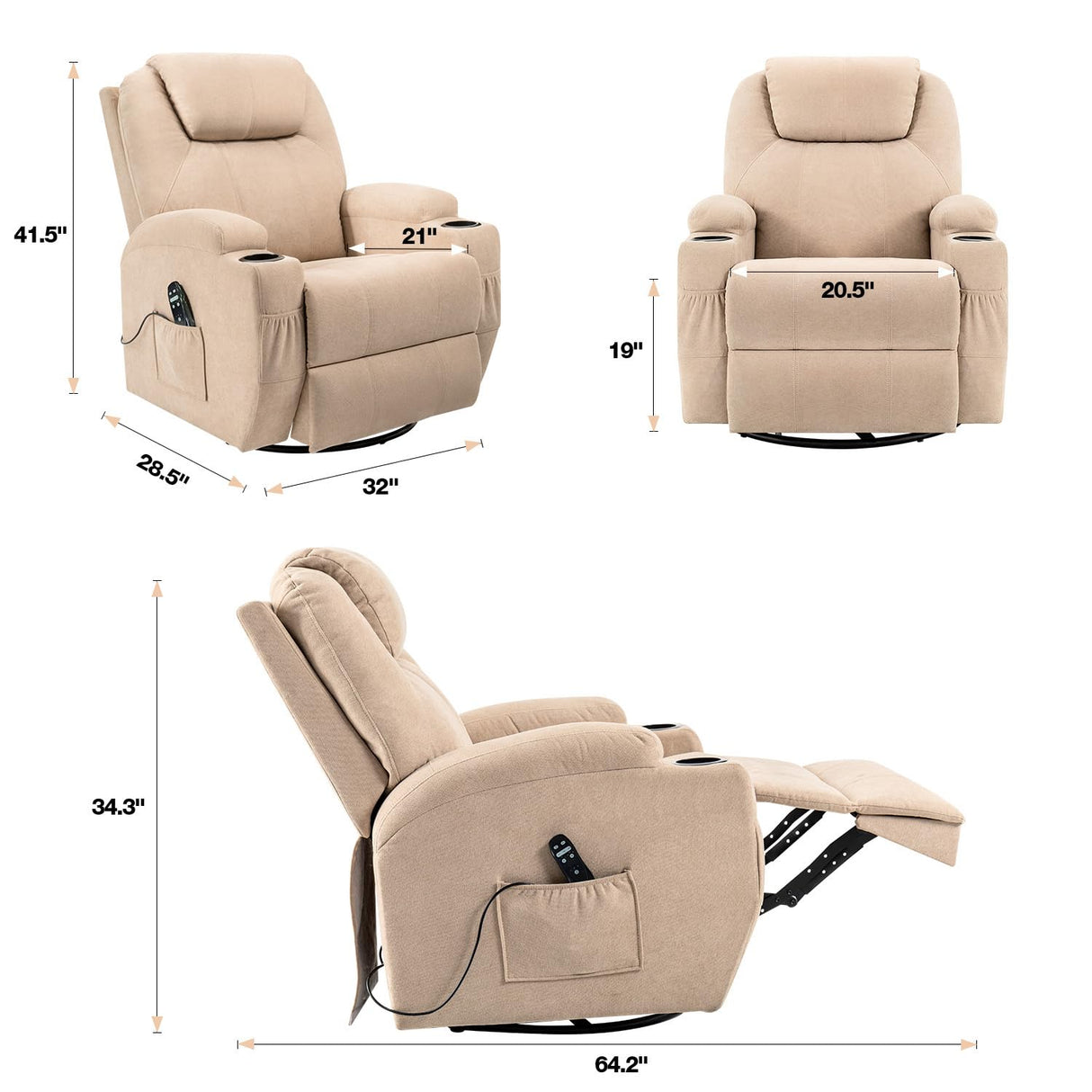 Flamaker Rocking Chair Recliner Chair with Massage Swivel Ergonomic Lounge Chair Classic Single Sofa with 2 Cup Holders Side Pockets Living Room Chair Home Theater Seat (Beige) Flamaker