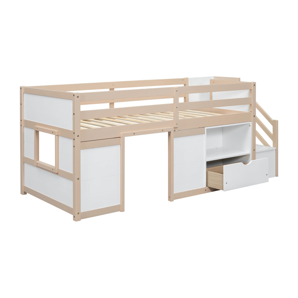 Bellemave Twin Size Low loft Bed for Kids,Wood Loft Beds,Modern Farmhouse Twin loft Bed,Loft Bed with Desk and Storage, No Box Spring Needed,for Kids, Cream White and Natural Bellemave