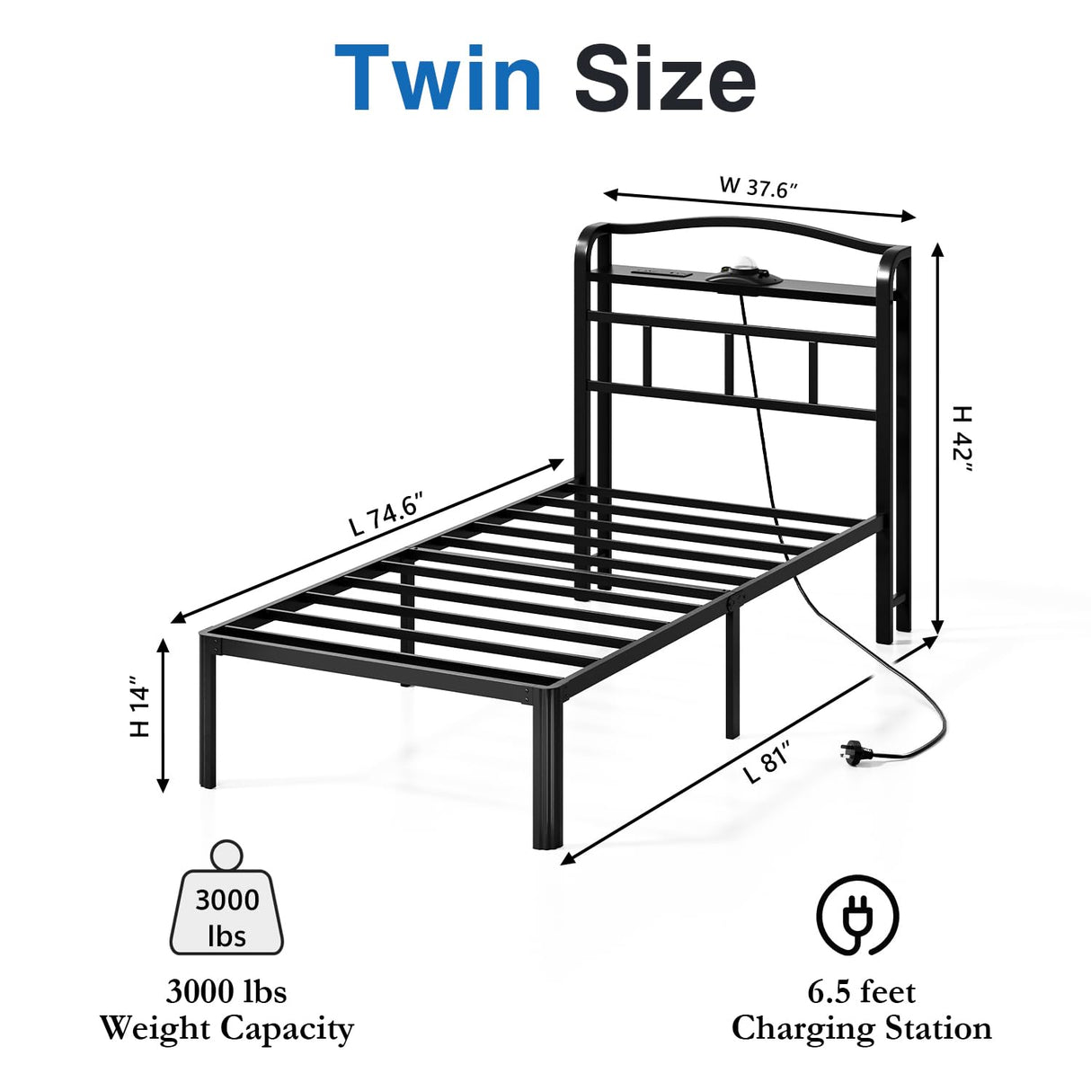 HAVONIZD Twin Size Bed Frame - Storage Headboard with Charging Station & Galaxy Aurora Projector, 14 Inch Sturdy Metal Platform Bed Frame No Box Spring Needed, Easy Assembly, No Noise, Black HAVONIZD