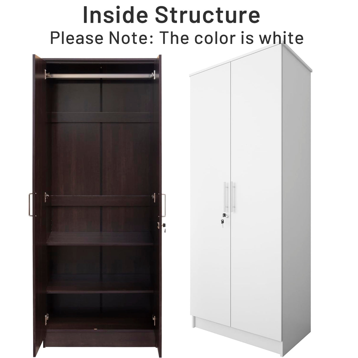 Homy Casa Inc 2-Door Wardrobe Armoires with Hanging Rod/Shelves/Lock, Bedroom Freestanding Clothes Closet Big Storage Cabinet, 29.6'' W x 17.7''D x 72'' H, White Homy Casa Inc