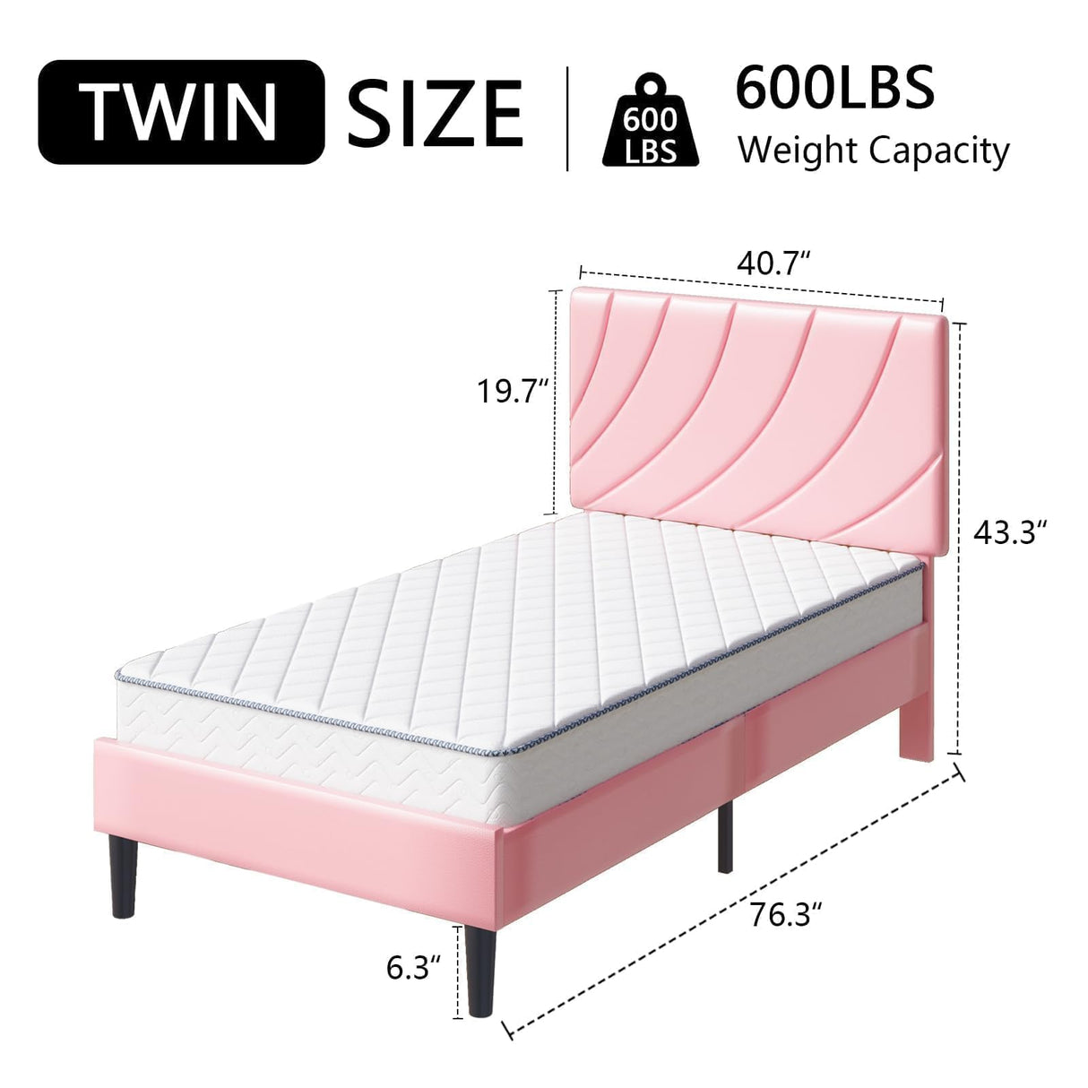HOMBCK Twin Bed Frames/Faux Leather Upholstered Platform Bed with Headboard/Strong Wooden Slats/No Box Spring Needed/Easy Assembly/Pink HOMBCK