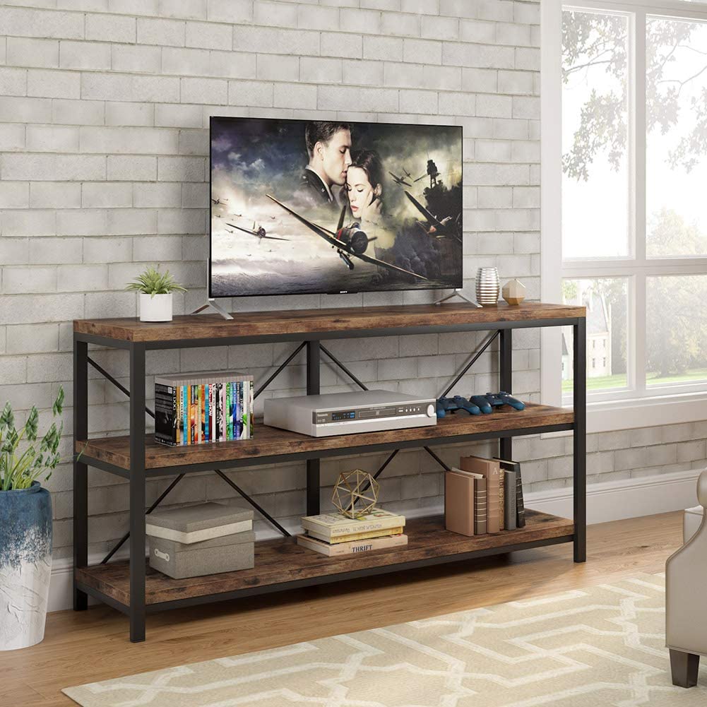55 Inches Long Sofa Table with Storage Shelves, 3 Tiers Industrial Rustic Console Table with Open Shelves, Three Decorative Shelf, Open TV Shelf for Living Room, Hallway, Book Tribesigns