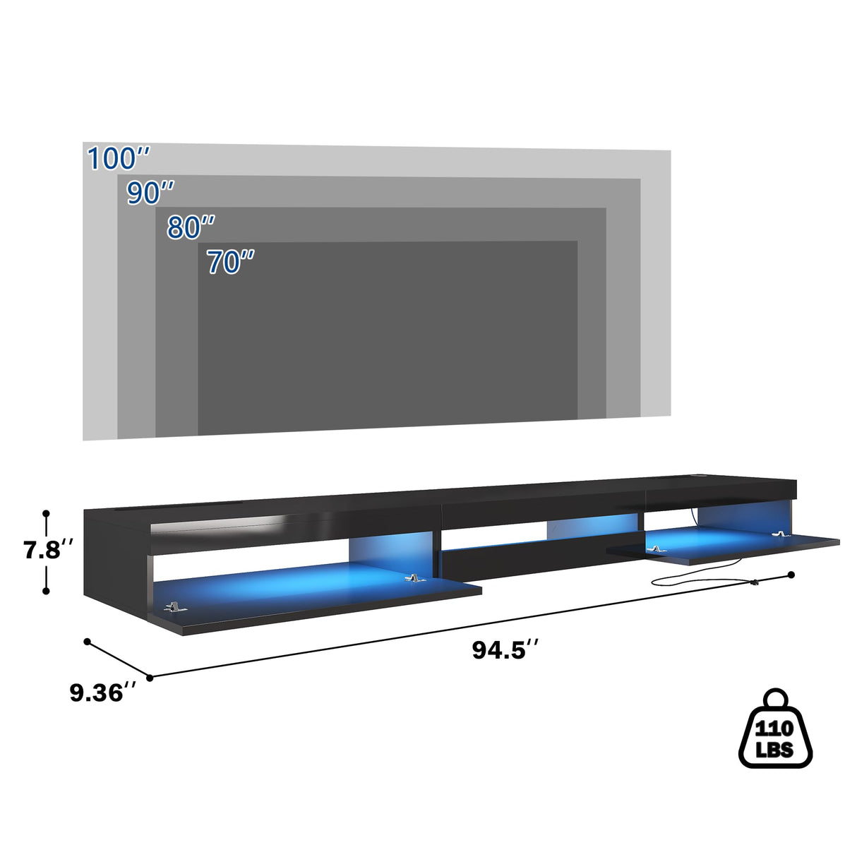 ANTISTA Floating TV Stand | 94.5'' Long Wall Mounted TV Shelf with Power Outlet, Modern Wooden Entertainment Center Media Console with Storage, High Gloss Large TV Cabinet, Up to 100 Inch TVS ANTISTA