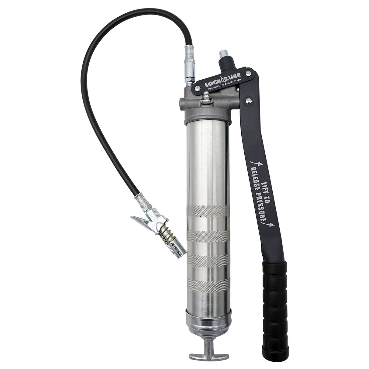 LockNLube Professional Series Lever Grease Gun. Includes Our Patented Grease Coupler (Locks on, Stays on, Won't Leak!) Plus a 20" Hose and in-line Hose Swivel. LockNLube
