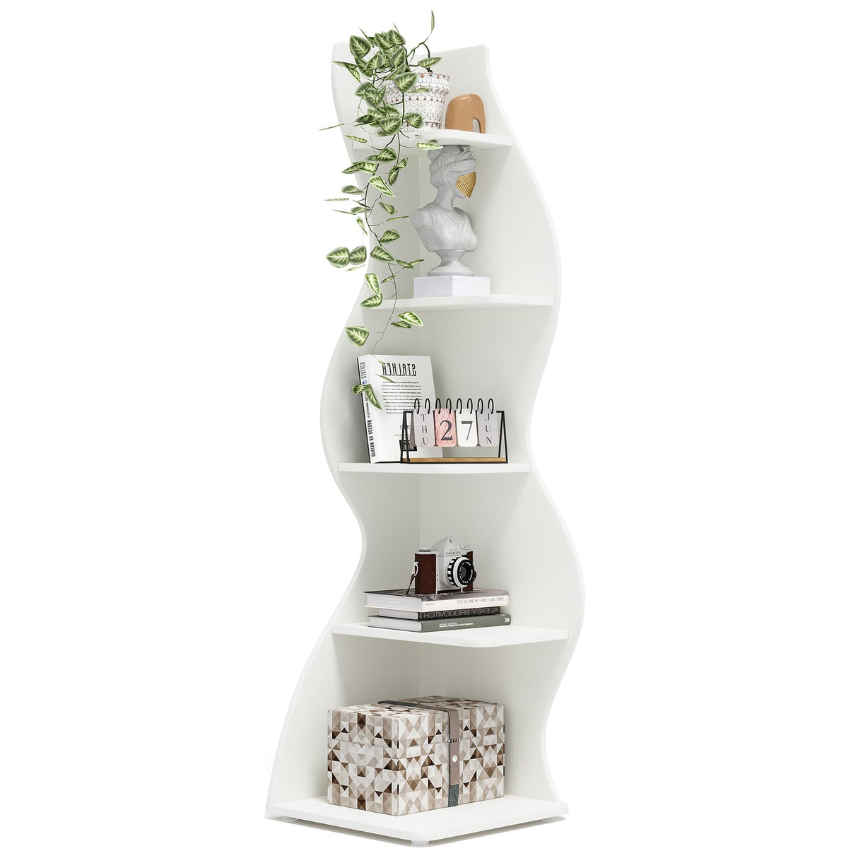 Tribesigns Corner Shelf, Modern 5-Tier Wall Corner Bookshelf, Stylish Corner Small Bookcase Storage Rack Plant Stand with Unique Shape for Living Room, Home Office (White, 1PC) Tribesigns
