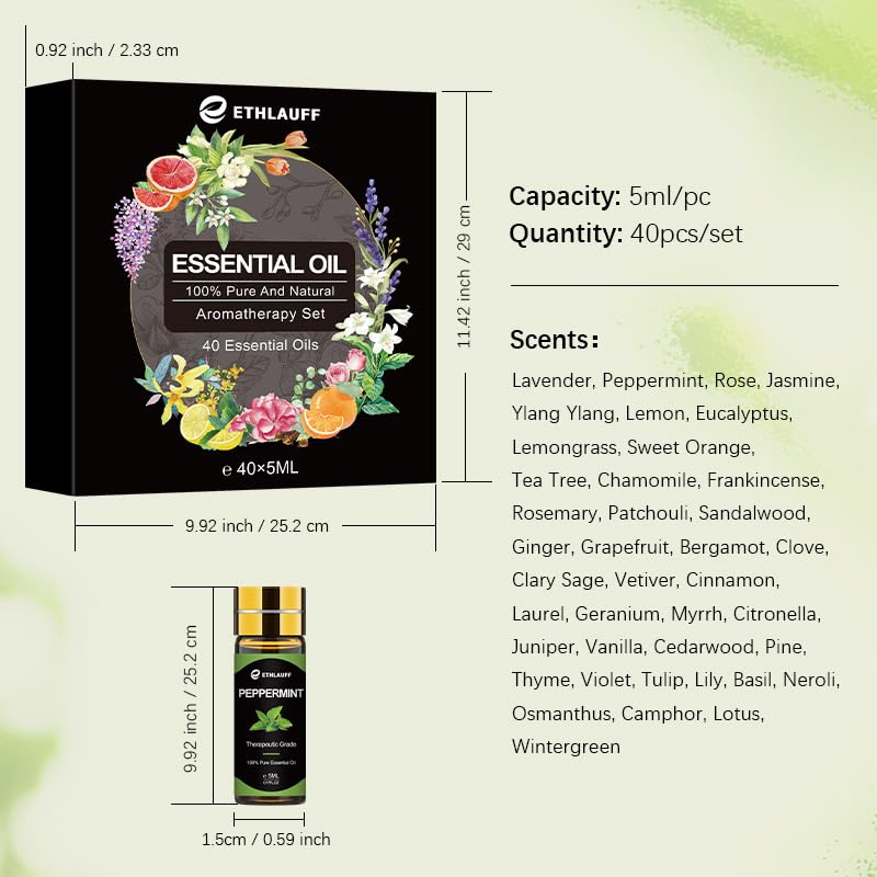 Essential Oils Set 40 Pcs, Essential Oils Perfect for Diffuser, Fragrance Oil Set for Massage, Soap, Candle Bath Bombs Making (5ml) Ethlauff