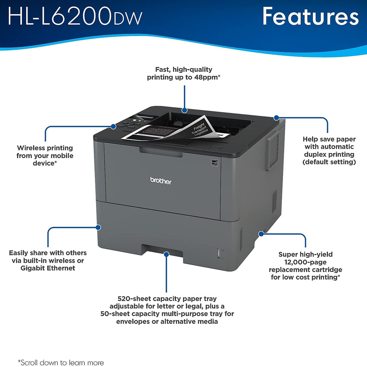 Brother HL-L6200DW Wireless Monochrome Single-Function Laser Printer - Print only - 48 ppm, 1200 x 1200 dpi, Auto Duplex Printing, 8.5" x 14", 256MB Memory, 520 Sheet, Ethernet Brother