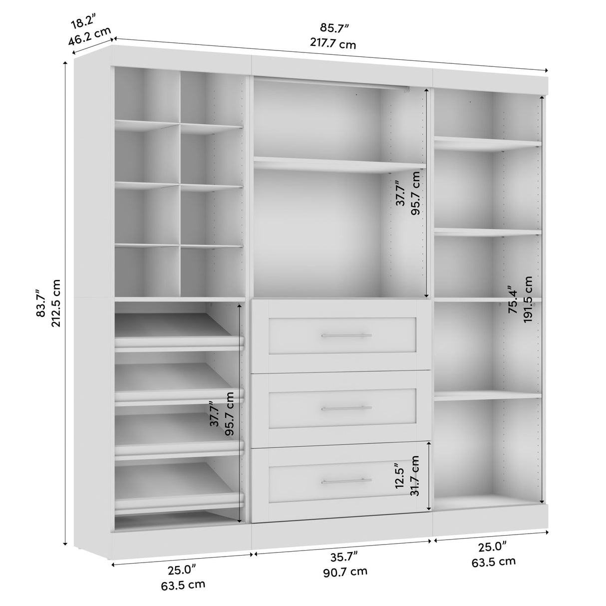 Bestar Closet Organizer System 86-inch for Walk-In Closets, Bedroom, Entryway, Pur Collection, Modern, White Bestar
