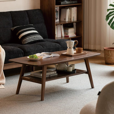 100% Solid Wood Coffee Table for Living Room, Mid Century Modern Small Tables with Shelf Storage, Storage Coffee Table with Rounded Corners (Oak Wood Walnut Color, 47.24" L)