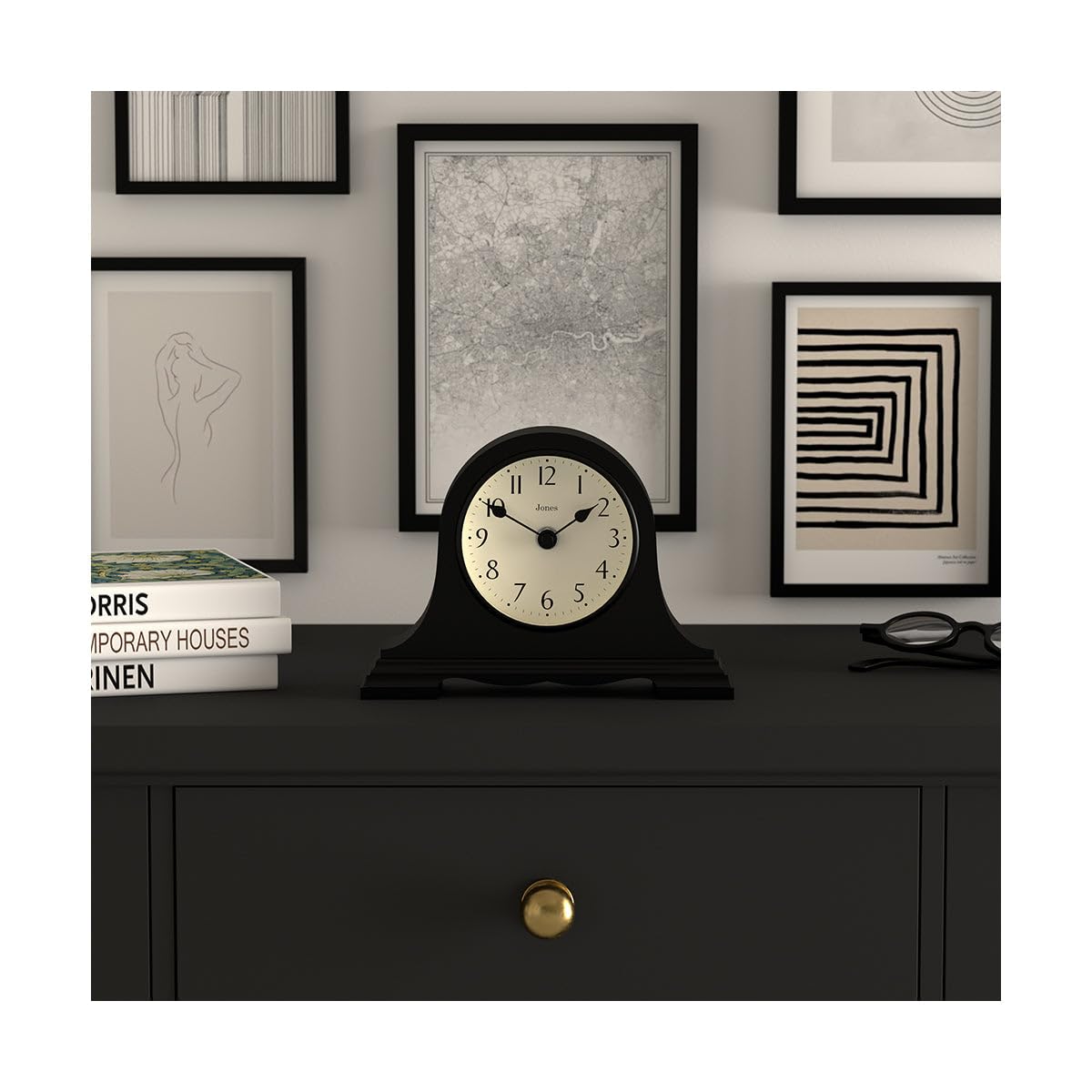 JONES CLOCKS® Speakeasy Mantel Clock | Classic Napoleon’s hat Design | Black | Contemporary Classic Style for Desk, Table, Shelf or Bedside JONES CLOCKS