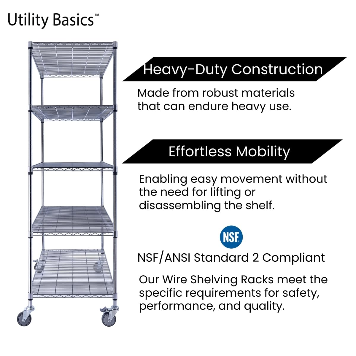 Utility Basics 48"x24"x72" Chrome 5-Tier PREMIUM Wire Shelving NSF 4000 LBS MAX CAPACITY Heavy Duty Steel Storage Rack for Warehouses, Garages, Hospitals, Commercial Spaces, & Schools w/PREMIUM WHEELS Utility Basics