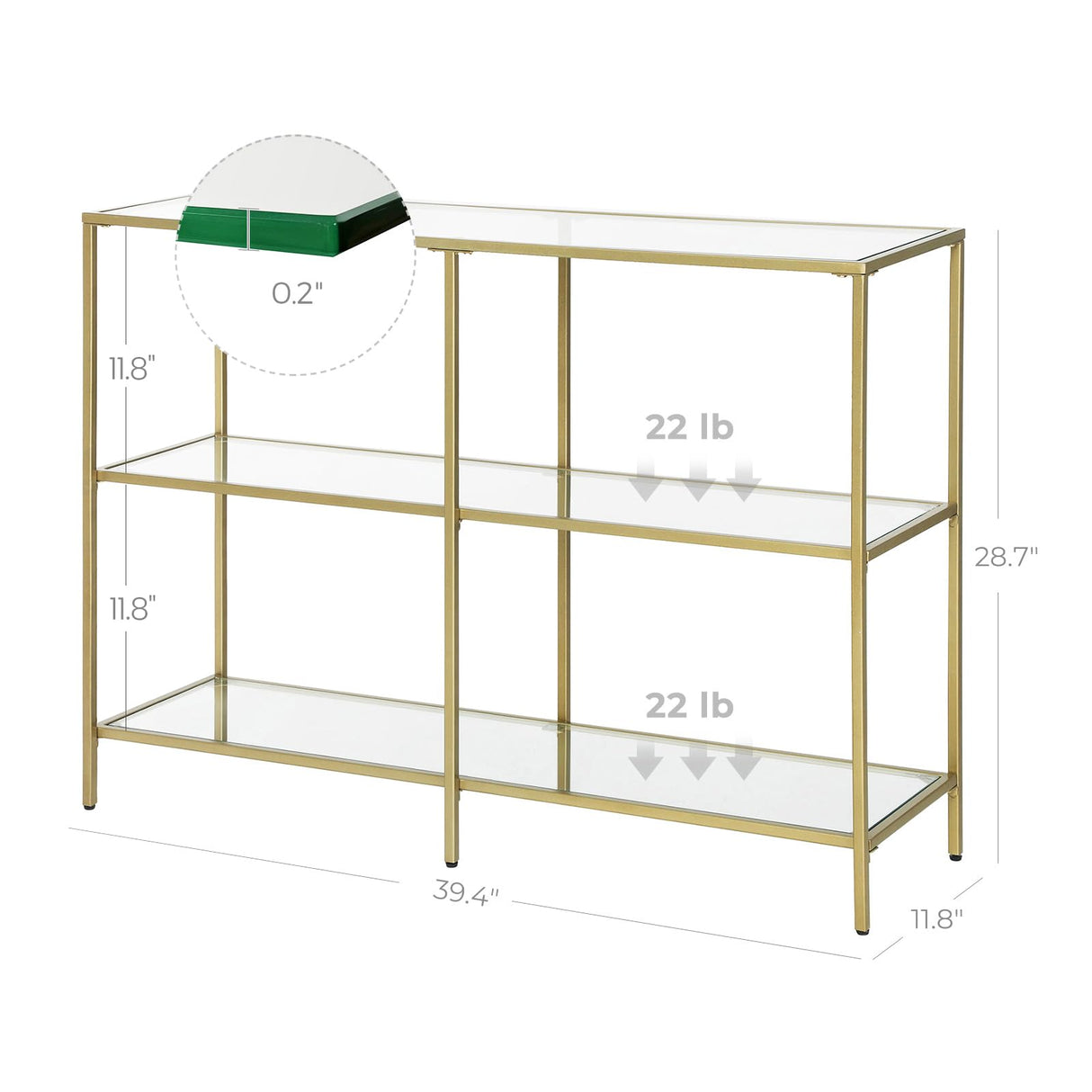 VASAGLE 39.4 Inch Console Table with 3 Shelves, Sofa Table, Entryway Table, Metal Frame, Tempered Glass Shelf, Modern Style, for Entryway Living Room Bedroom, Metallic Gold and Transparent ULGT27G VASAGLE