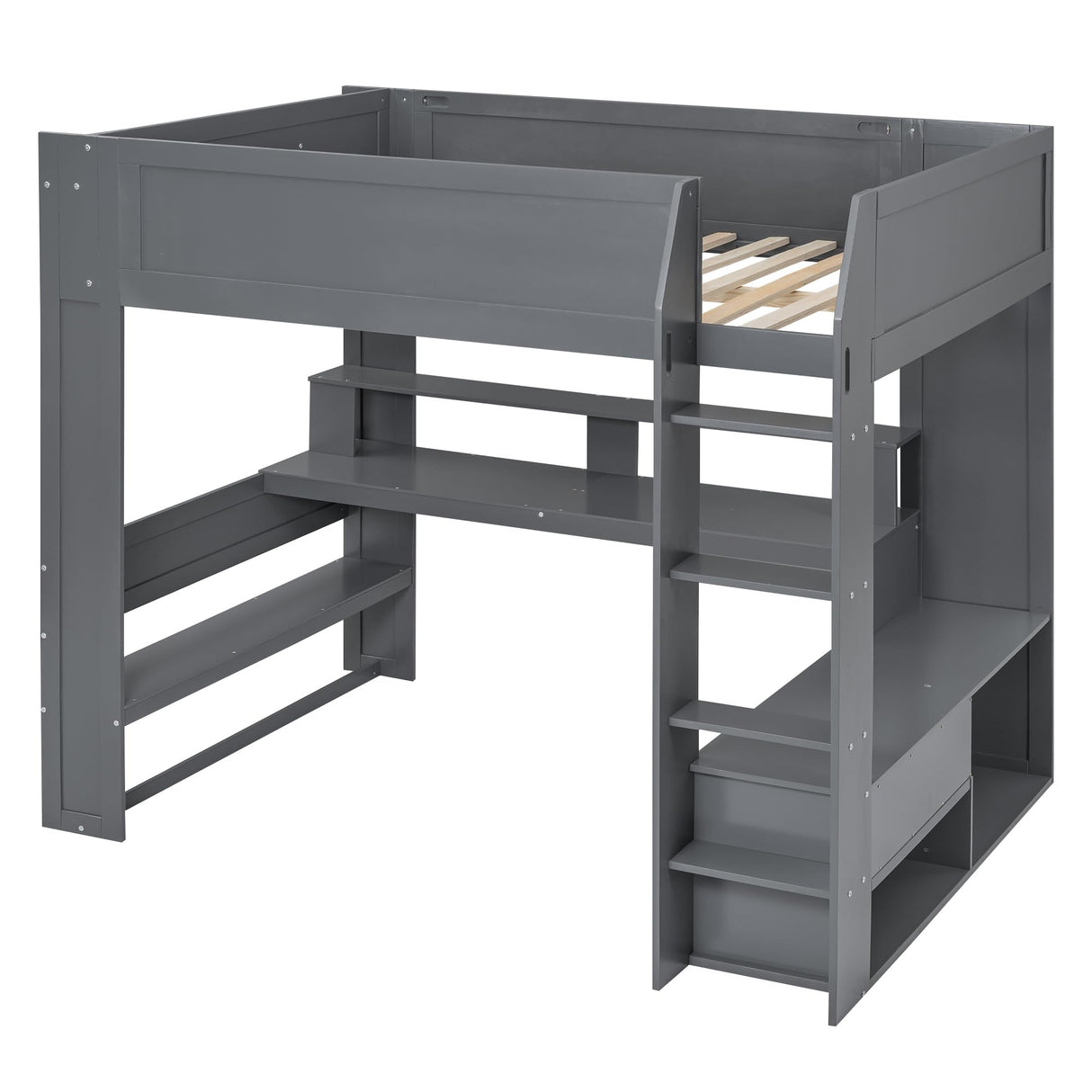 HZXINKEDZSW Full Size Wood Gaming Loft Bed with Desk, Storage Shelves, LED Lights, and Charging Station in Grey HZXINKEDZSW