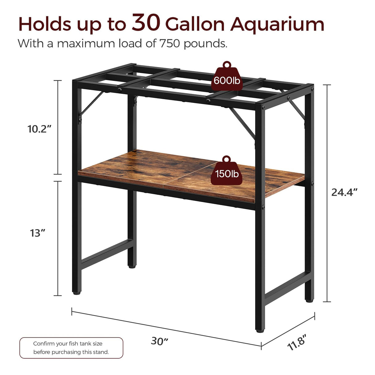 MAHANCRIS 30 Gallon Fish Tank Stand, Aquarium Stand with 2-Tier Storage Shelves, Heavy Duty Breeder Turtle Terrarium Stand Rack for Home Office, 30.0" L x 11.8" W x 24.4" H, Rustic Brown FTHR3001 MAHANCRIS