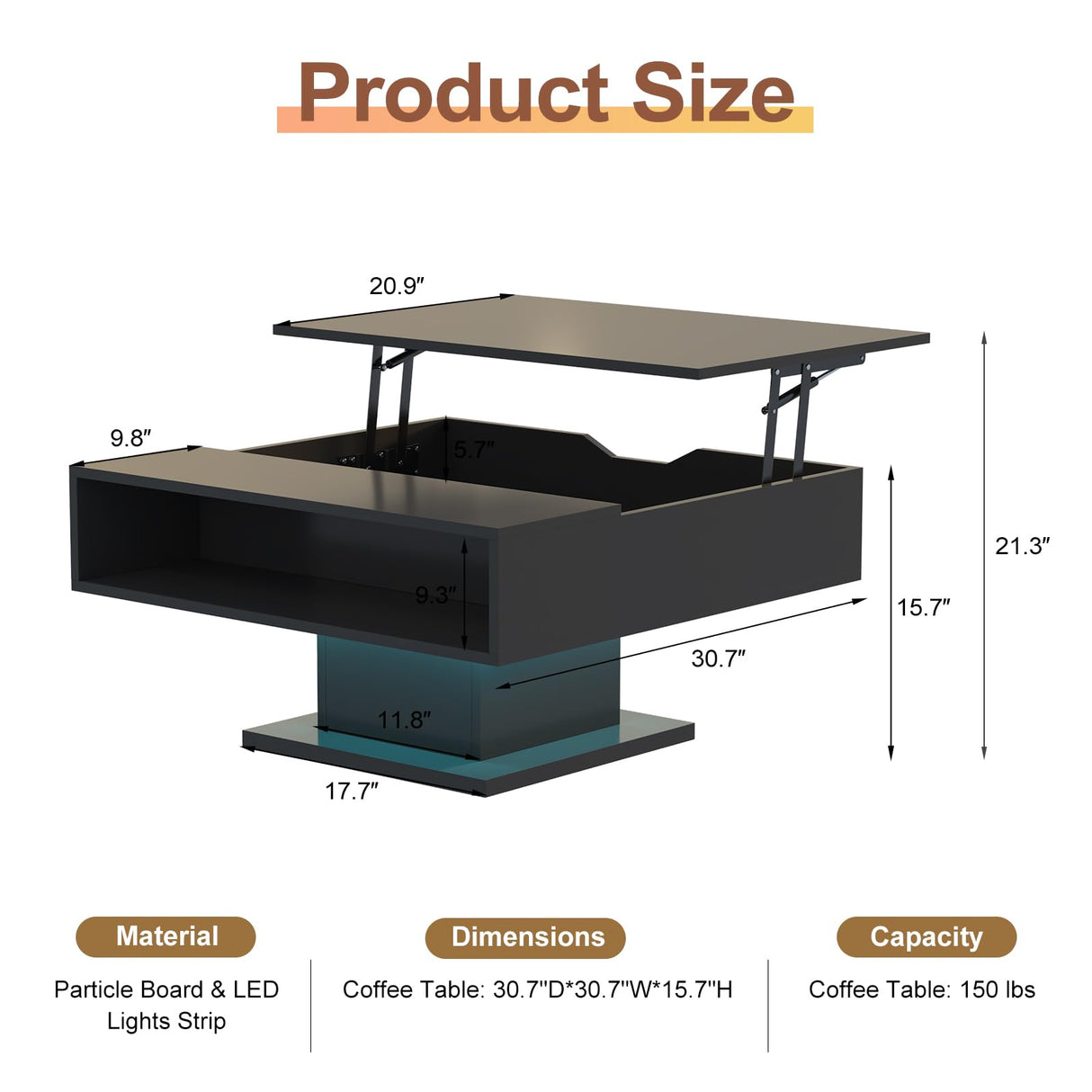 HedoAjim 30.7" Lift Top Coffee Table with Storage, Square Black Coffee Table for Living Room, Led Coffee Table with Large Hidden Storage, Wood Living Room Table Center Table for Dining Reception Room HedoAjim