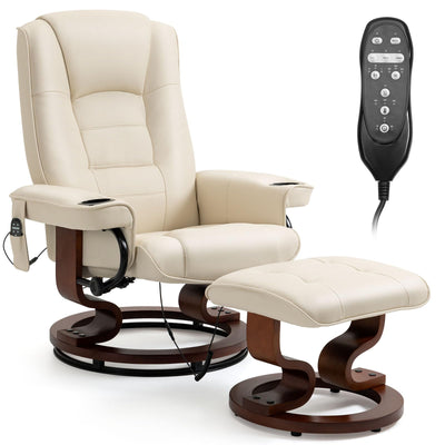 AVAWING Reclining Chair with Vibration Massage Faux Leather Recliner with Ottoman Swivel Wood Recliner Chairs for Living Room, Beige