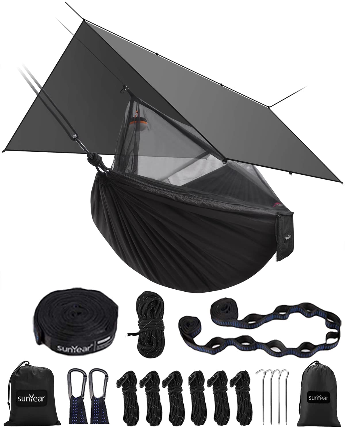 Sunyear Hammock Camping with Rain Fly Tarp and Net, Portable Camping Hammock Double Tree Hammock Outdoor Indoor Backpacking Travel & Survival, 2 Tree Straps,100% Waterproof Black Bundle Sunyear
