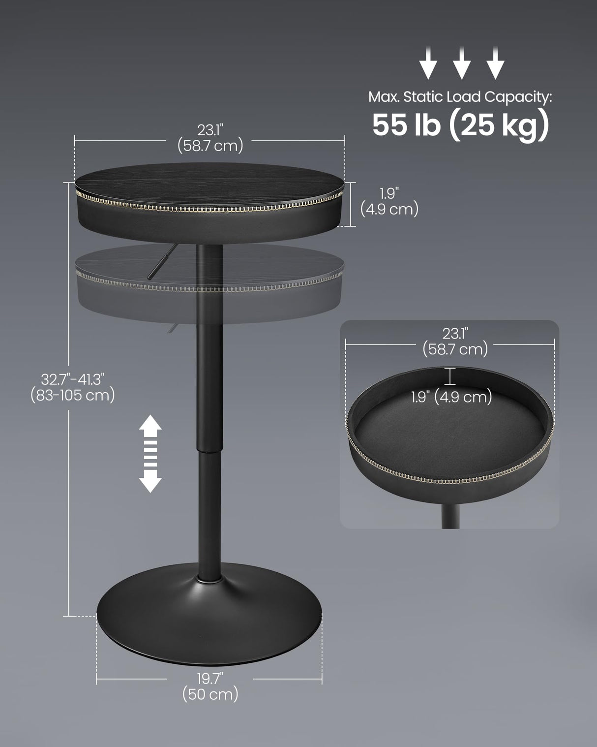 Height Adjustable Round Bar Table with Storage - VASAGLE EKHO Collection in Ebony Black and Ink Black VASAGLE