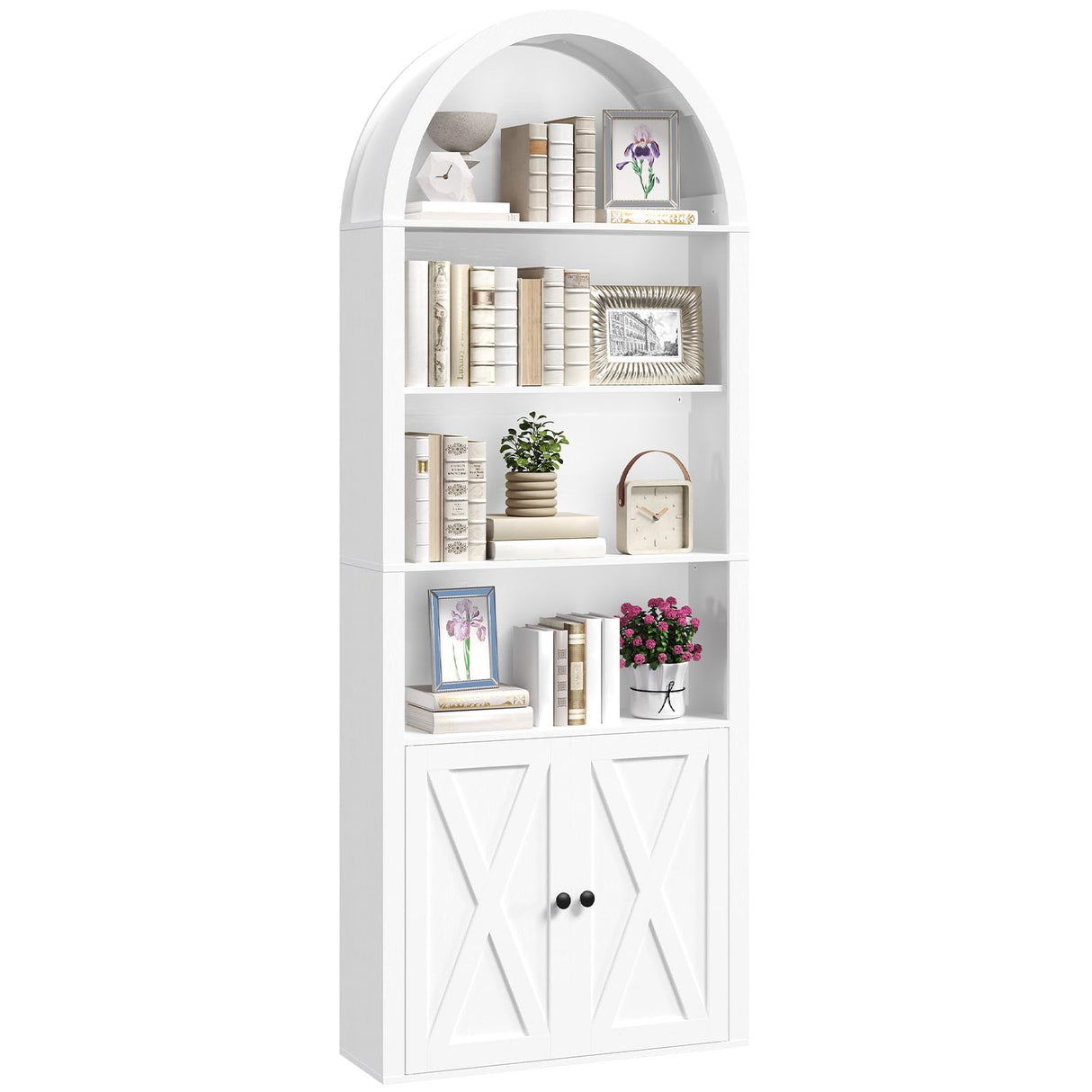 MAHANCRIS 6-Tier Bookshelf, 70.9'' Farmhouse Arched Bookcase with Cabinet, Freestanding Engineered Wood Display Bookshelf, with Adjustable Shelves, for Living Room, Study, Kitchen, White BKWT2501 MAHANCRIS