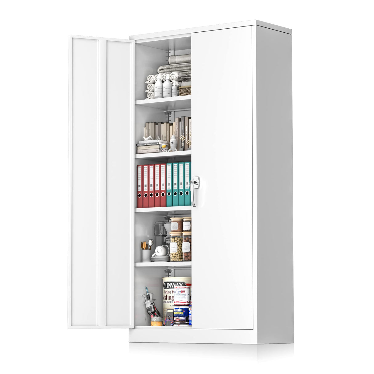 Pataku Garage Storage Cabinet Metal Locking Cabinet 5-Layer with Door Steel Multifunctional Storage Cabinet with 4 Adjustable Shelves, White Tool Cabinet for Home, Office, Warehouse… Pataku
