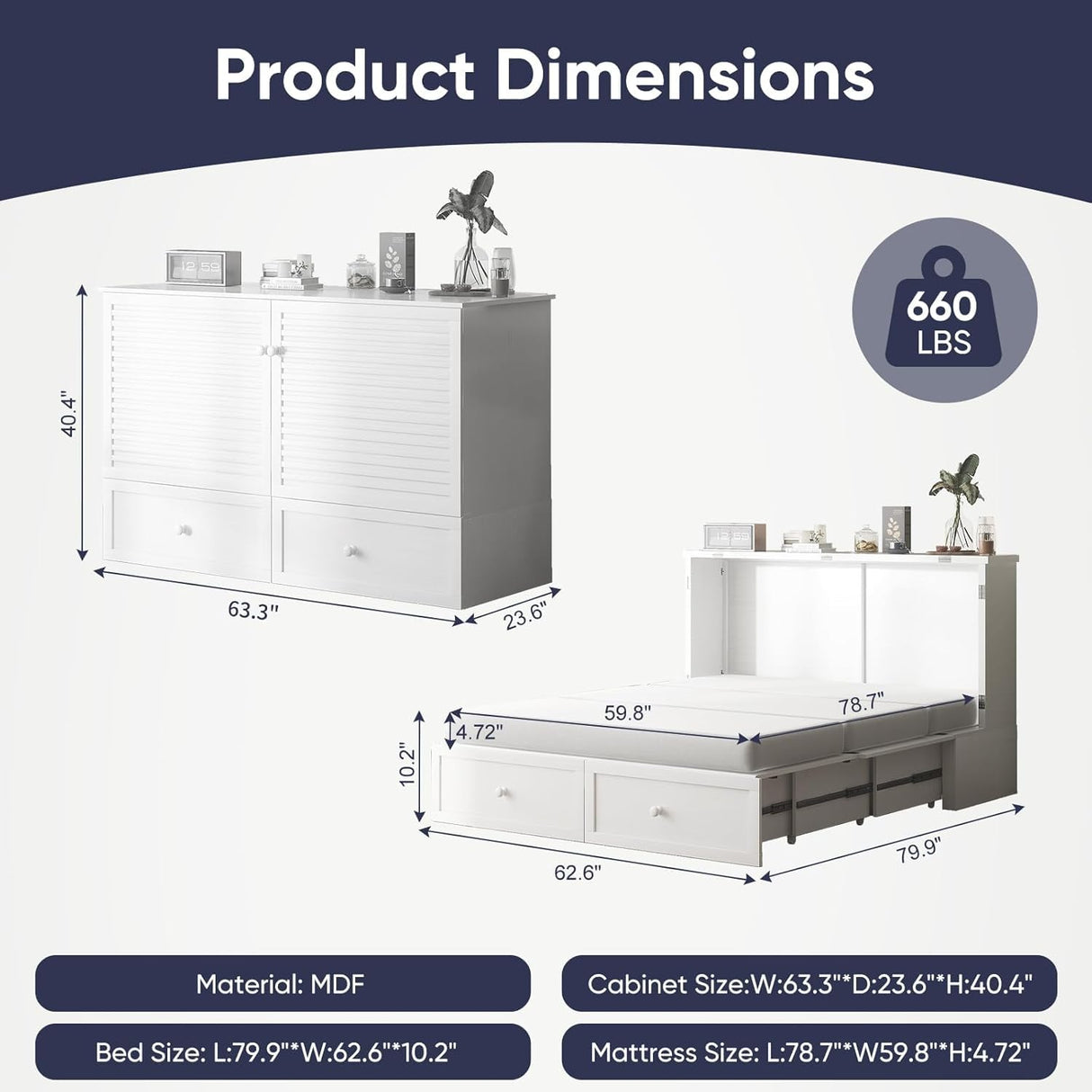 ijuicy Queen Size Murphy Bed with Foldable Foam Mattress, Cube Cabinet Bed with Multifunctional Charging Station & Extra Large Storage Drawers, Space-Saving Hideaway Bed for Guests-White ijuicy
