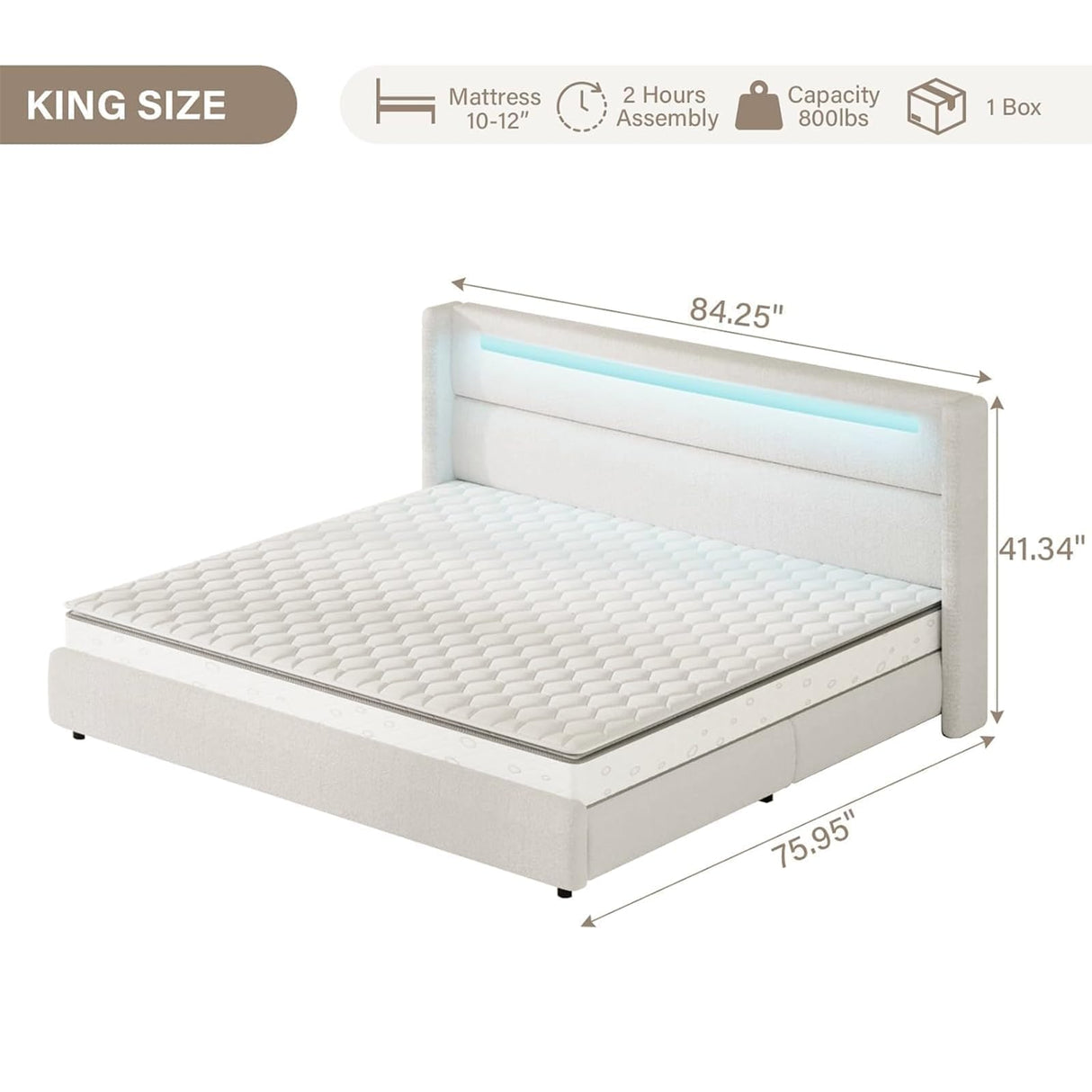 HOMBCK King Size Bed Frame with LED Lights and Headboard, Boucle Upholstered Platform Bed with Wingback Design, Modern Soft Bed Frame, No Box Spring Needed, Easy Assembly, Beige HOMBCK