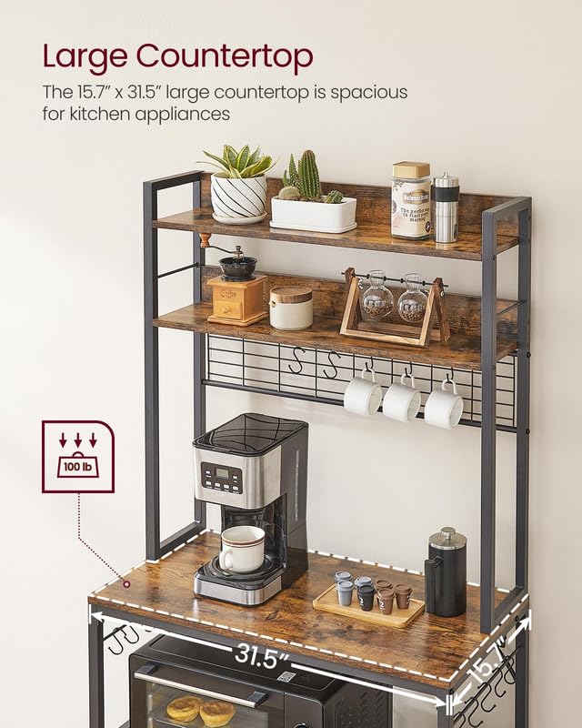 VASAGLE Hutch Bakers Rack with Power Outlet, 14 Hooks Microwave Stand, Adjustable Coffee Bar with Metal Wire Panel, Kitchen Storage Shelf, 15.7 x 31.5 x 66.9 Inches, Rustic Brown and Black UKKS025B01 VASAGLE