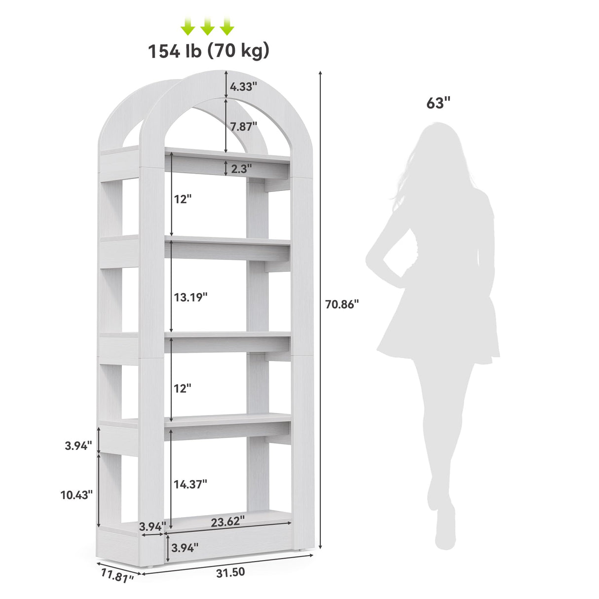 LITTLE TREE 5-Tier Bookshelf, Arch-Shaped Racks, Tall Standing Wooden Bookcase Display Shelf Modern Storage Solution (2, White) LITTLE TREE