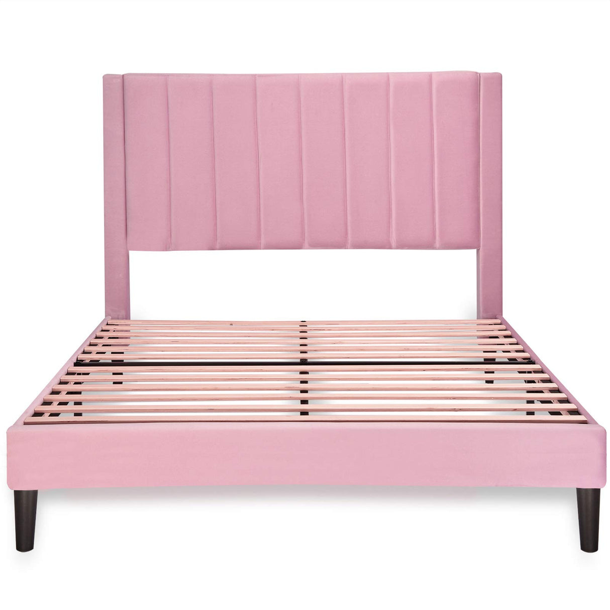 Allewie Full Platform Bed Frame/Velvet Upholstered Bed Frame with Vertical Channel Tufted Headboard/Strong Wooden Slats/Mattress Foundation/Box Spring Optional/Easy Assembly/Pink Allewie